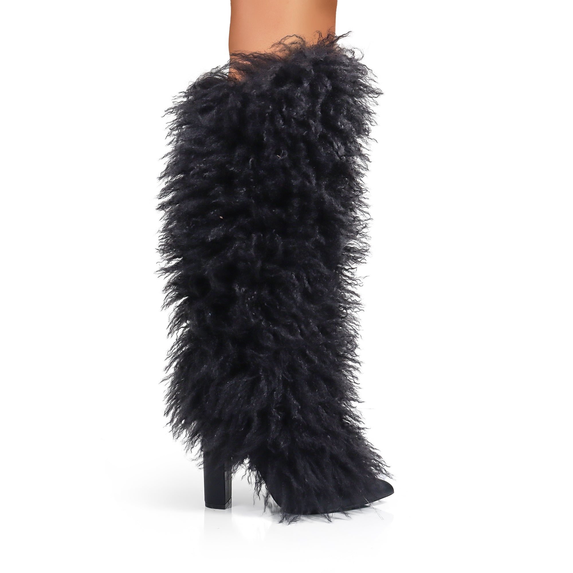 FANCY-1 POINTED TOE KNEE HIGH FUR BOOTS W/ CHUNCKY HEEL BLACK