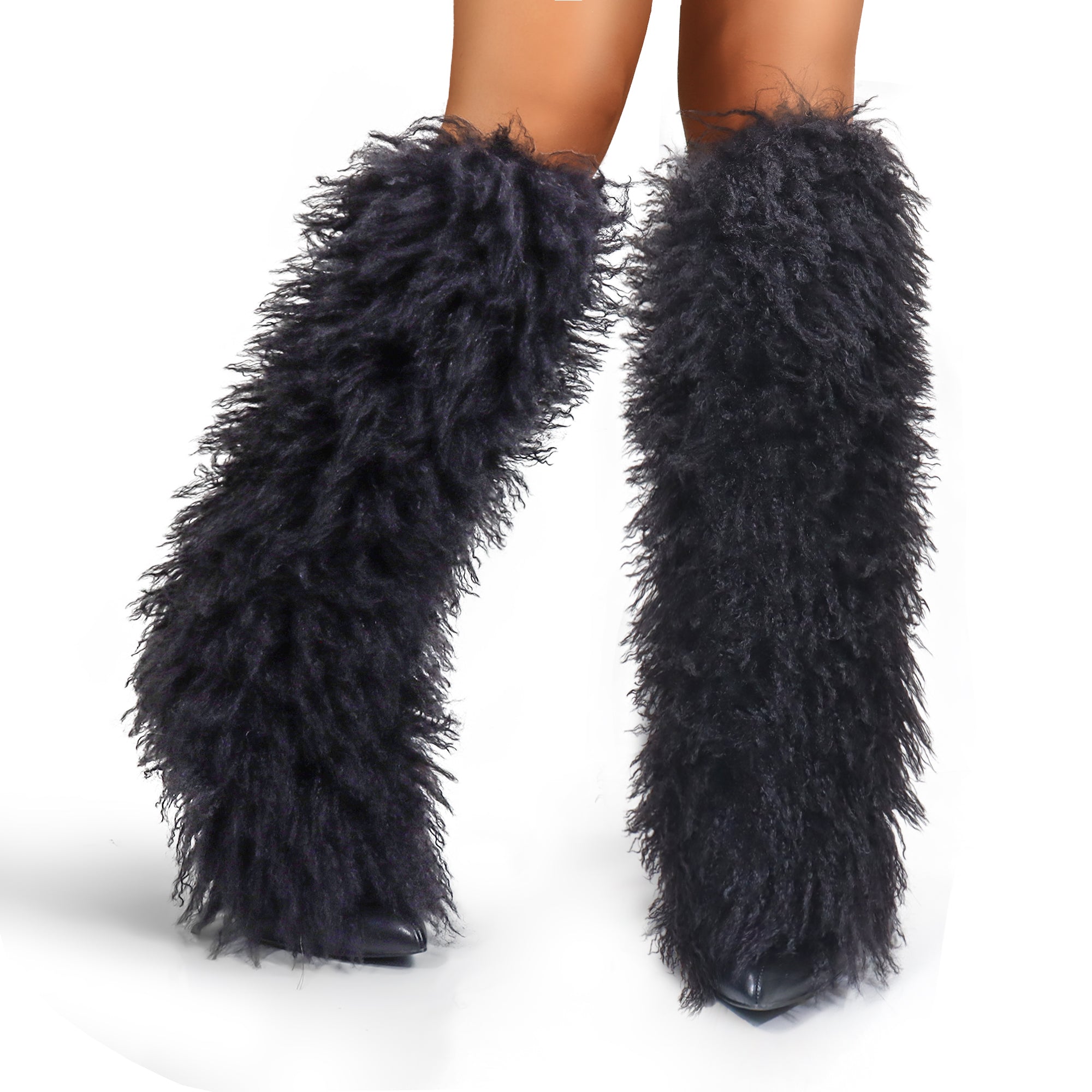 FANCY-1 POINTED TOE KNEE HIGH FUR BOOTS W/ CHUNCKY HEEL BLACK