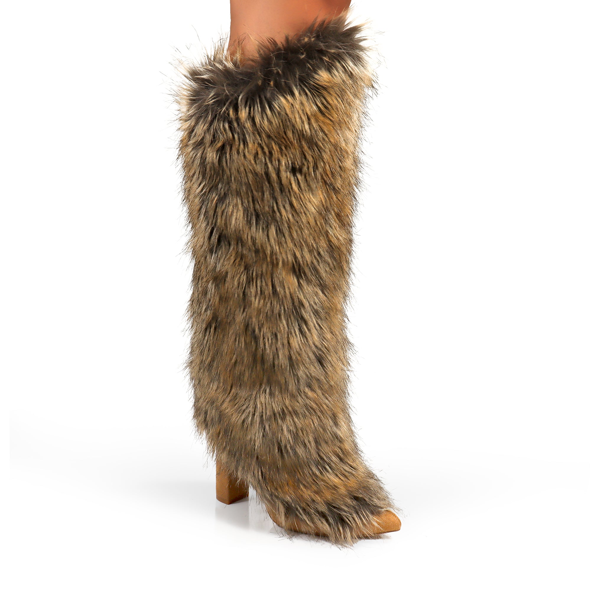FANCY-1 POINTED TOE KNEE HIGH FUR BOOTS W/ CHUNCKY HEEL NATURAL