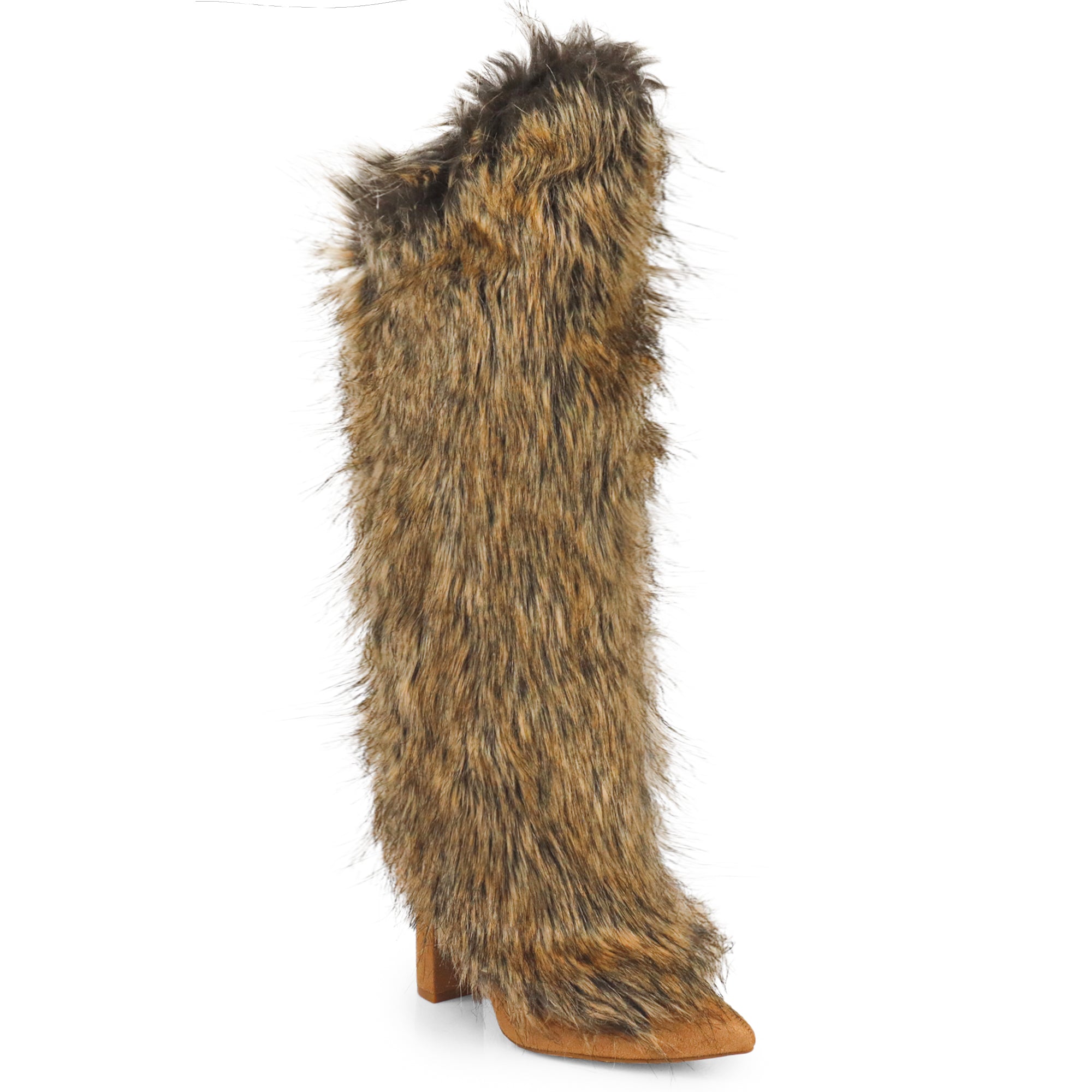 FANCY-1 POINTED TOE KNEE HIGH FUR BOOTS W/ CHUNCKY HEEL NATURAL