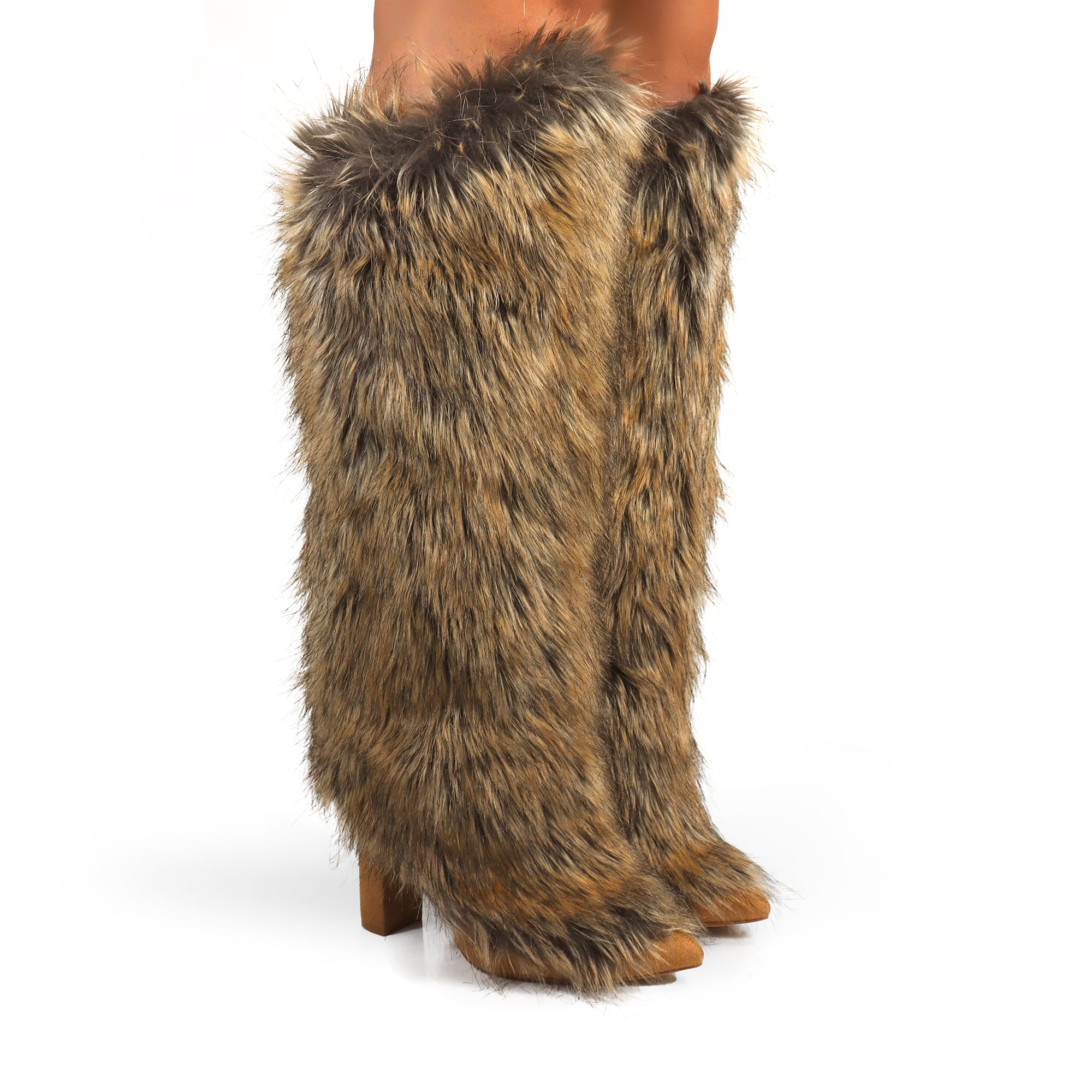FANCY-1 POINTED TOE KNEE HIGH FUR BOOTS W/ CHUNCKY HEEL NATURAL
