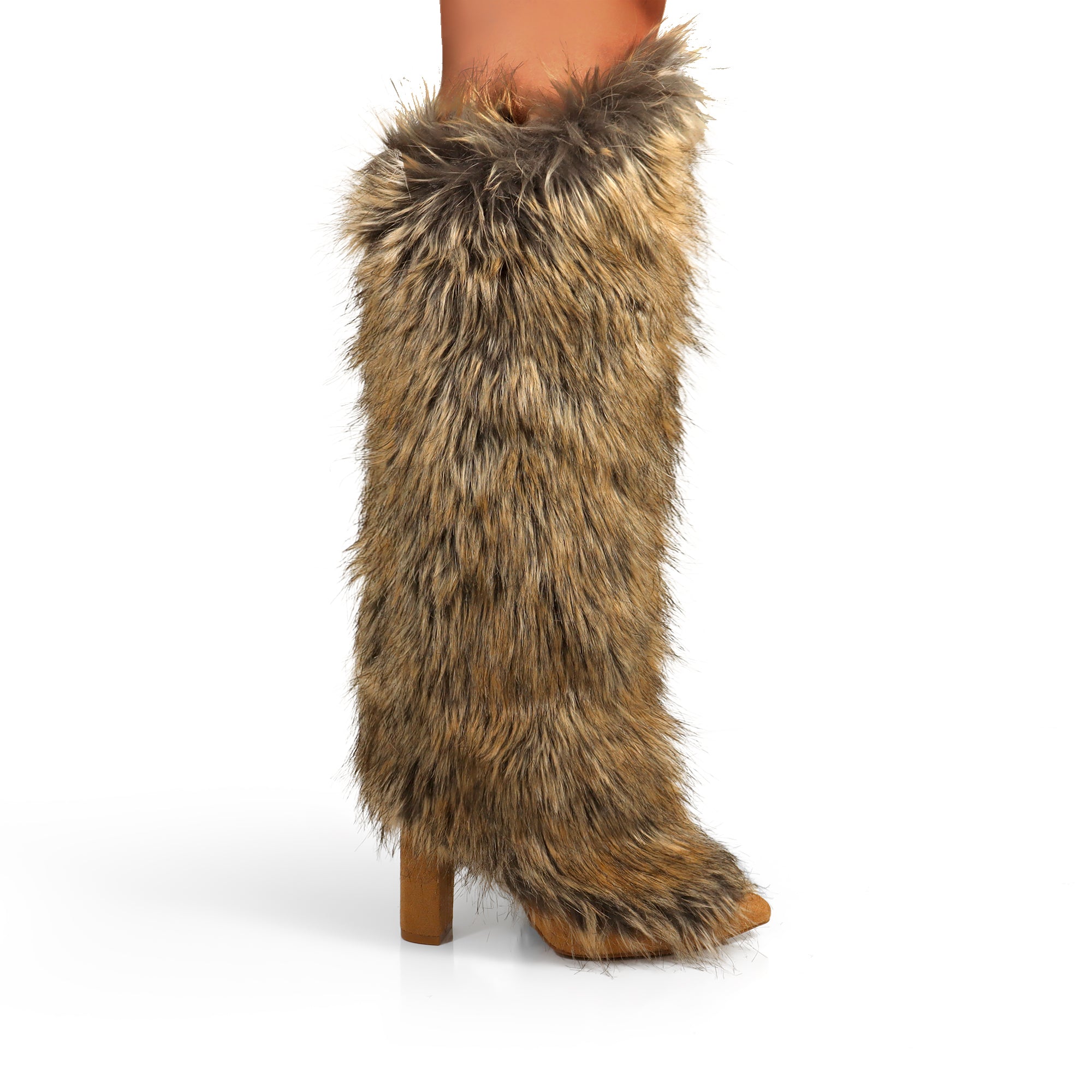 FANCY-1 POINTED TOE KNEE HIGH FUR BOOTS W/ CHUNCKY HEEL NATURAL