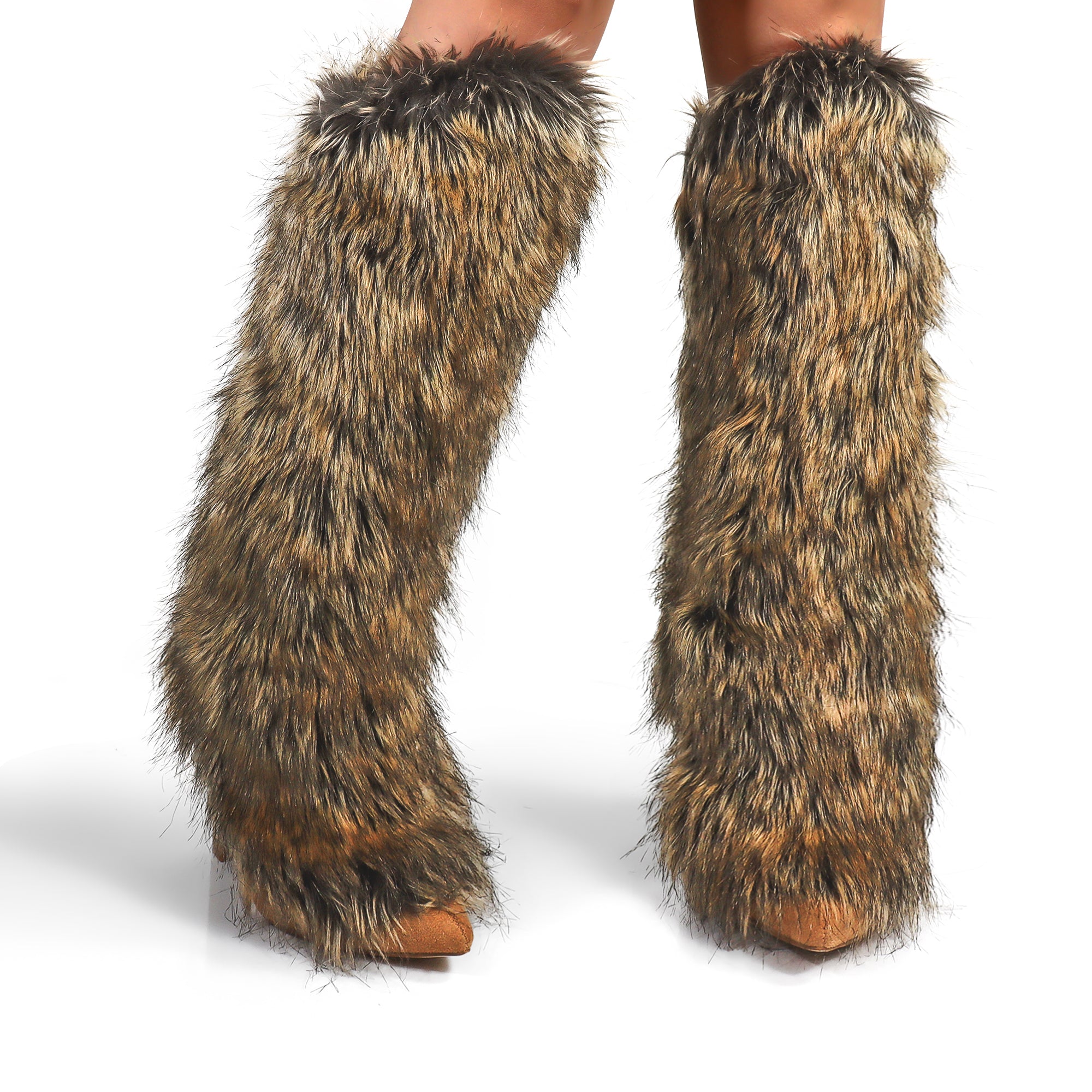 FANCY-1 POINTED TOE KNEE HIGH FUR BOOTS W/ CHUNCKY HEEL NATURAL