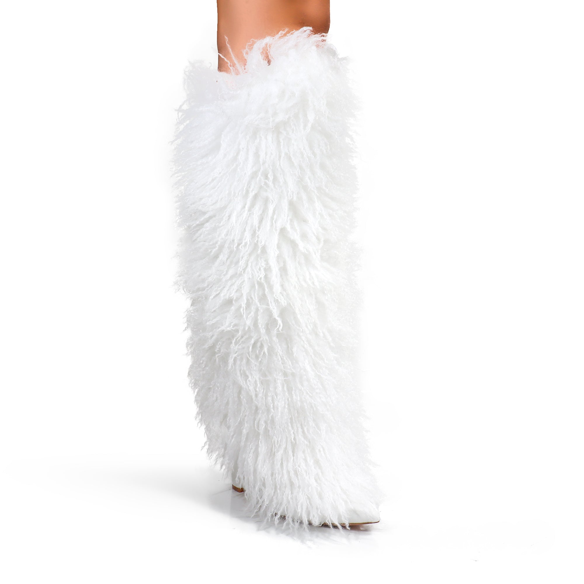 FANCY-1 POINTED TOE KNEE HIGH FUR BOOTS W/ CHUNCKY HEEL WHITE