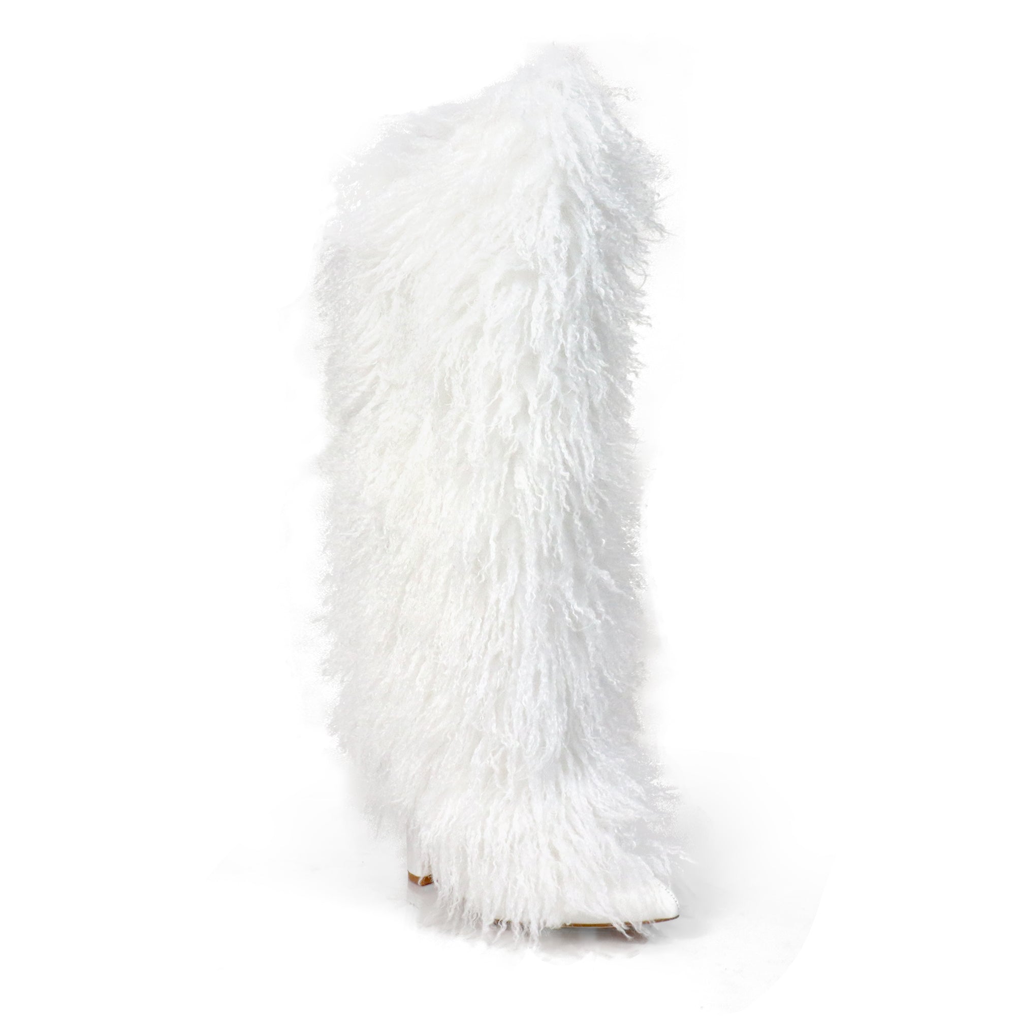 FANCY-1 POINTED TOE KNEE HIGH FUR BOOTS W/ CHUNCKY HEEL WHITE