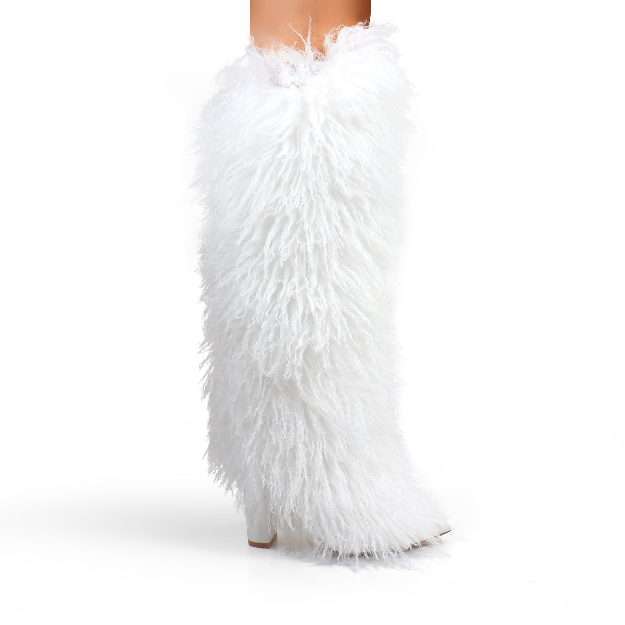 FANCY-1 POINTED TOE KNEE HIGH FUR BOOTS W/ CHUNCKY HEEL WHITE