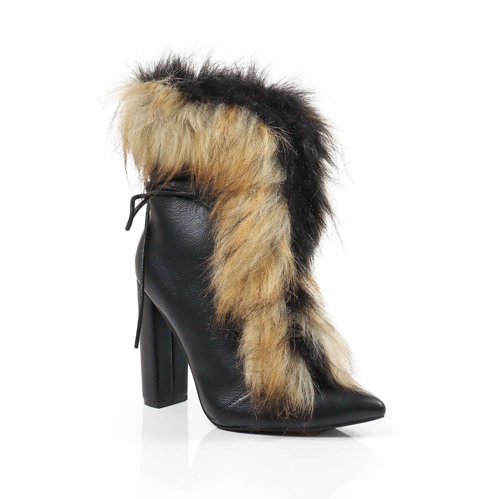 FANCY-2 POINTED TOE FURRY BOOTIE WITH/ CHUNKY HEEL BLACK