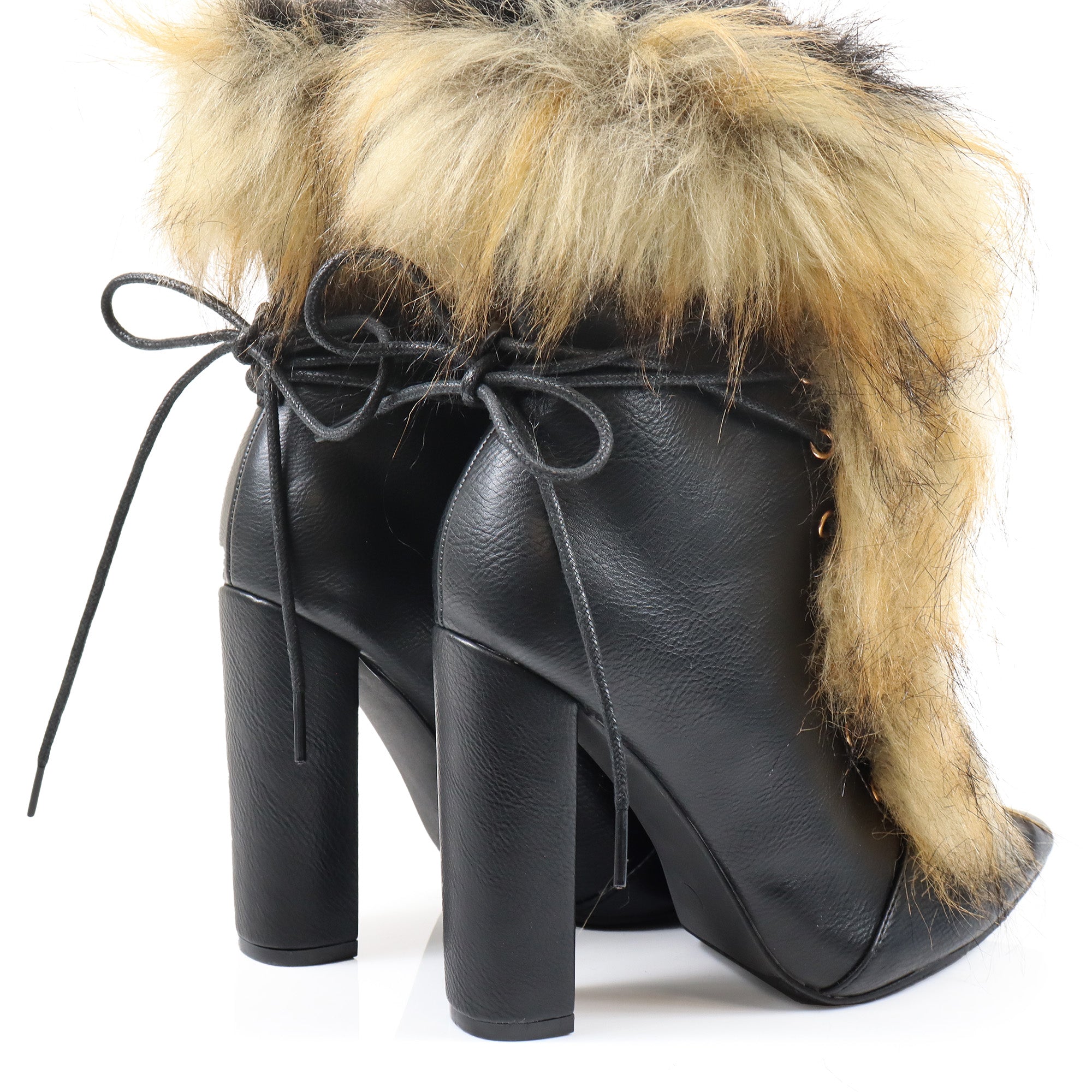 FANCY-2 POINTED TOE FURRY BOOTIE WITH/ CHUNKY HEEL BLACK