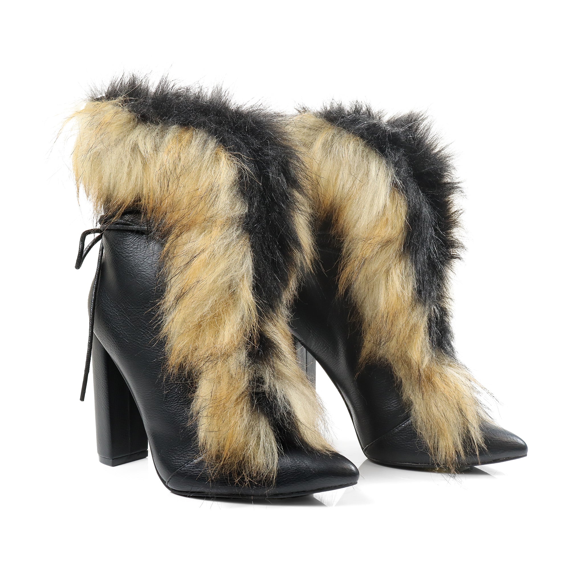 FANCY-2 POINTED TOE FURRY BOOTIE WITH/ CHUNKY HEEL BLACK