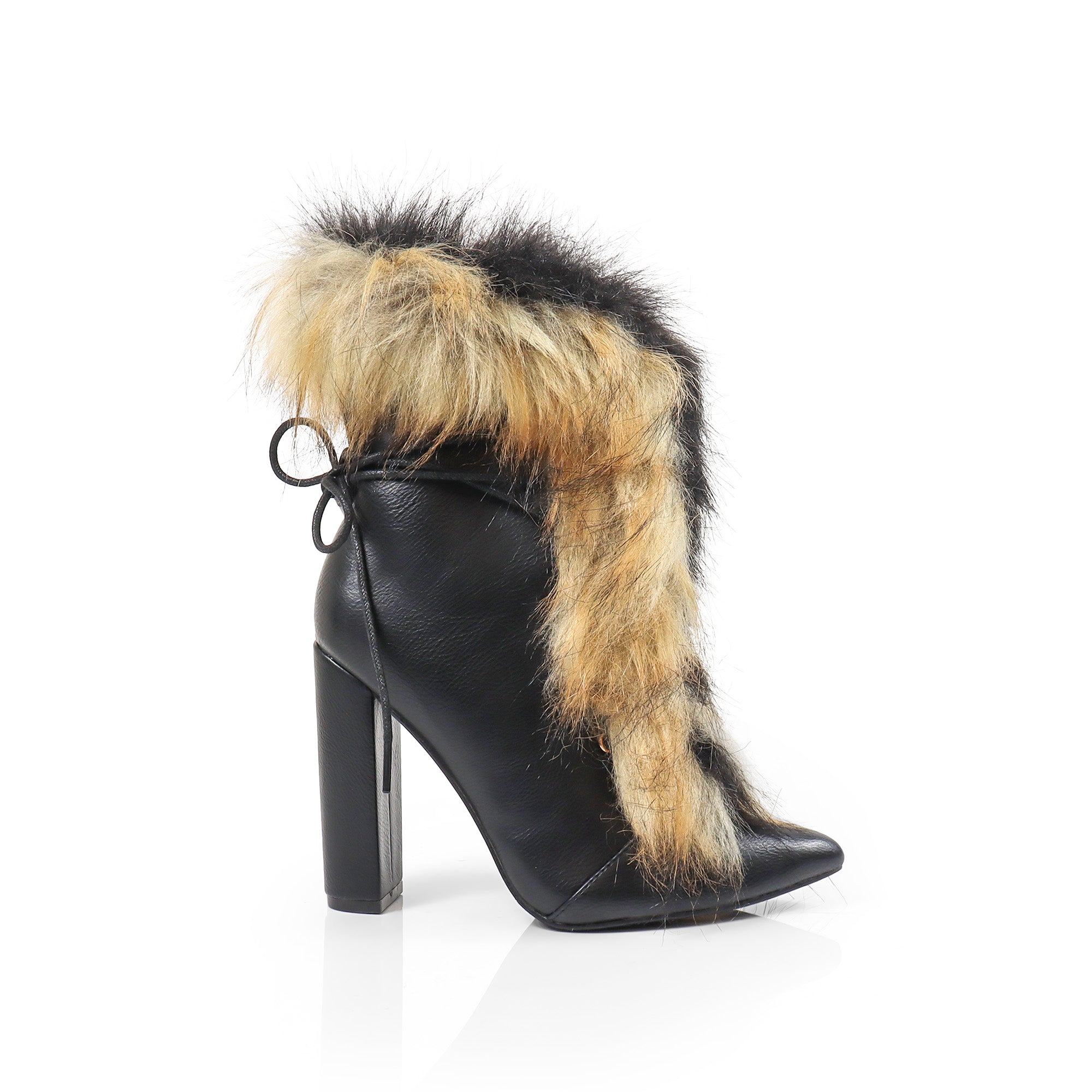 FANCY-2 POINTED TOE FURRY BOOTIE WITH/ CHUNKY HEEL BLACK