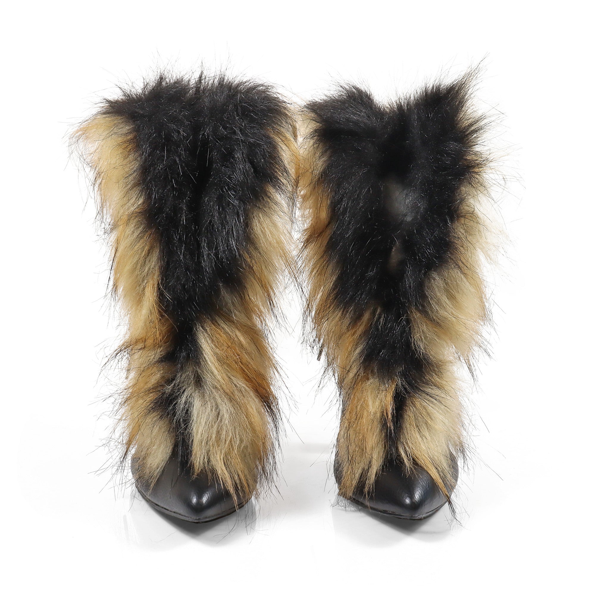 FANCY-2 POINTED TOE FURRY BOOTIE WITH/ CHUNKY HEEL BLACK