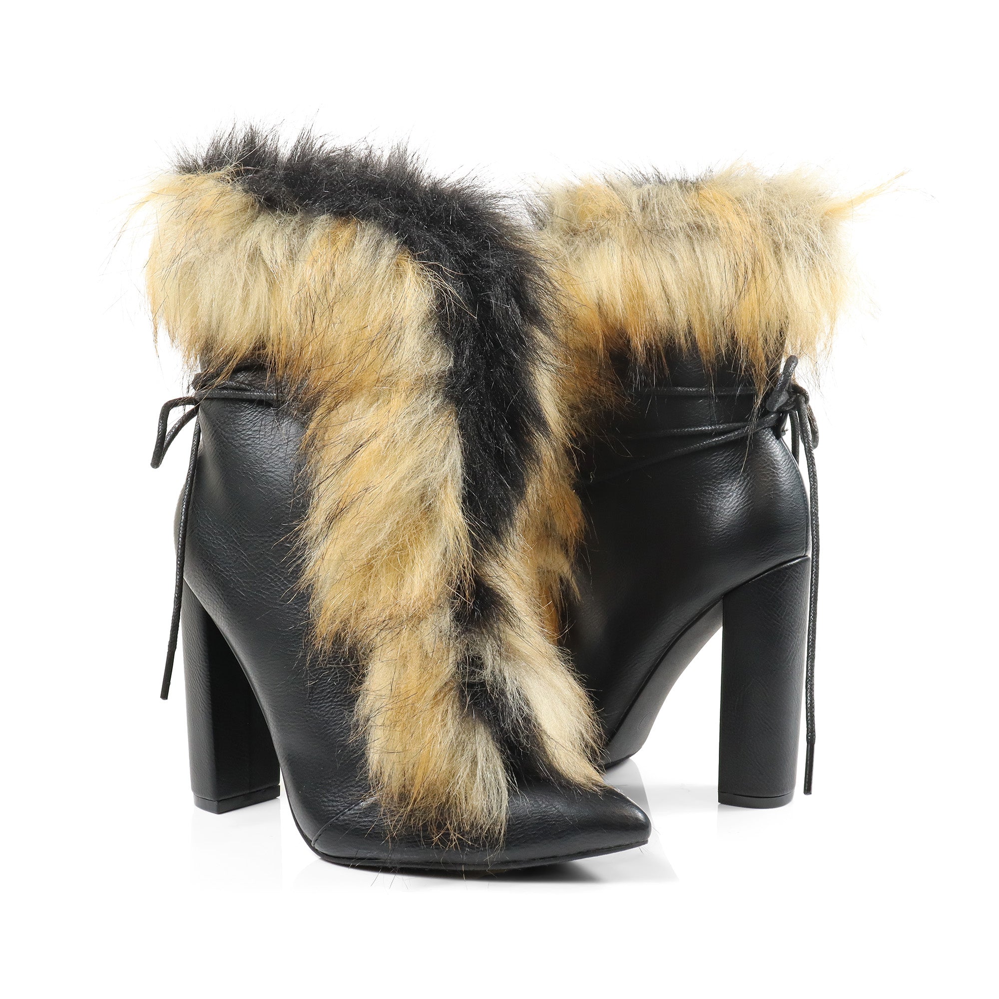 FANCY-2 POINTED TOE FURRY BOOTIE WITH/ CHUNKY HEEL BLACK
