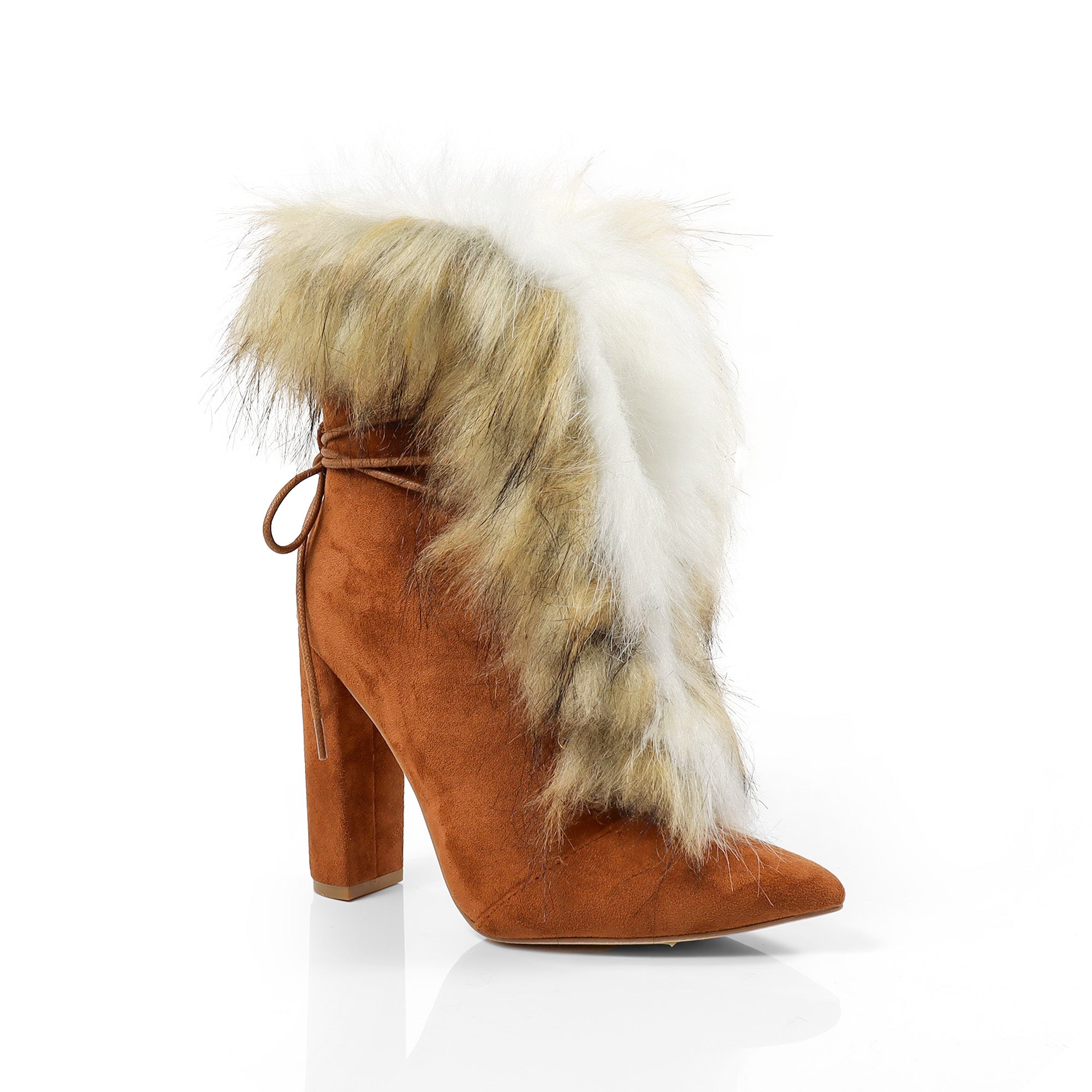 FANCY-2 POINTED TOE FURRY BOOTIE WITH/ CHUNKY HEEL TAN