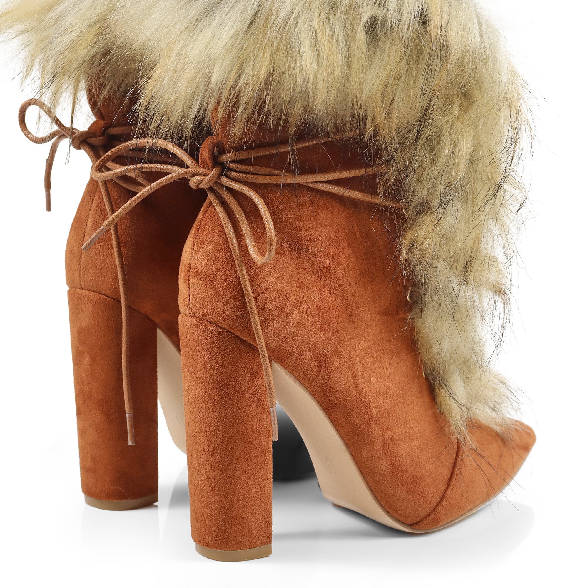 FANCY-2 POINTED TOE FURRY BOOTIE WITH/ CHUNKY HEEL TAN