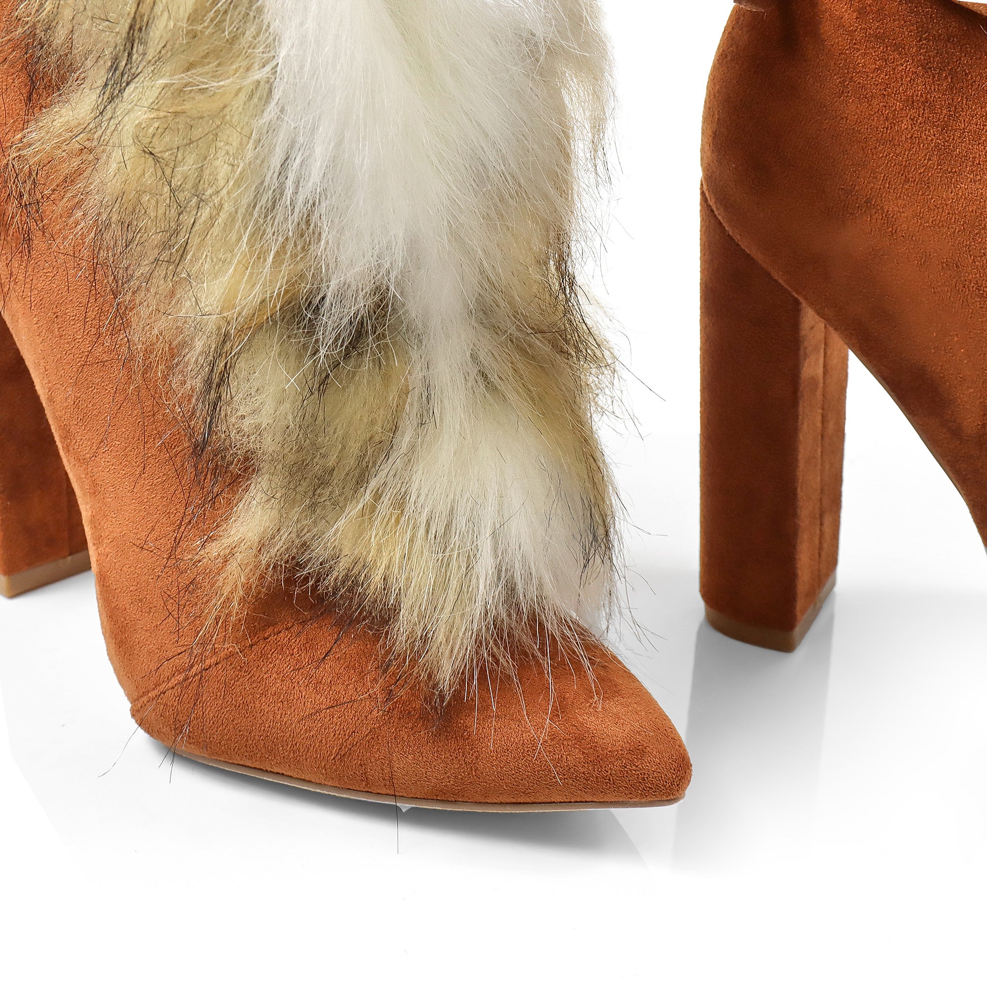 FANCY-2 POINTED TOE FURRY BOOTIE WITH/ CHUNKY HEEL TAN