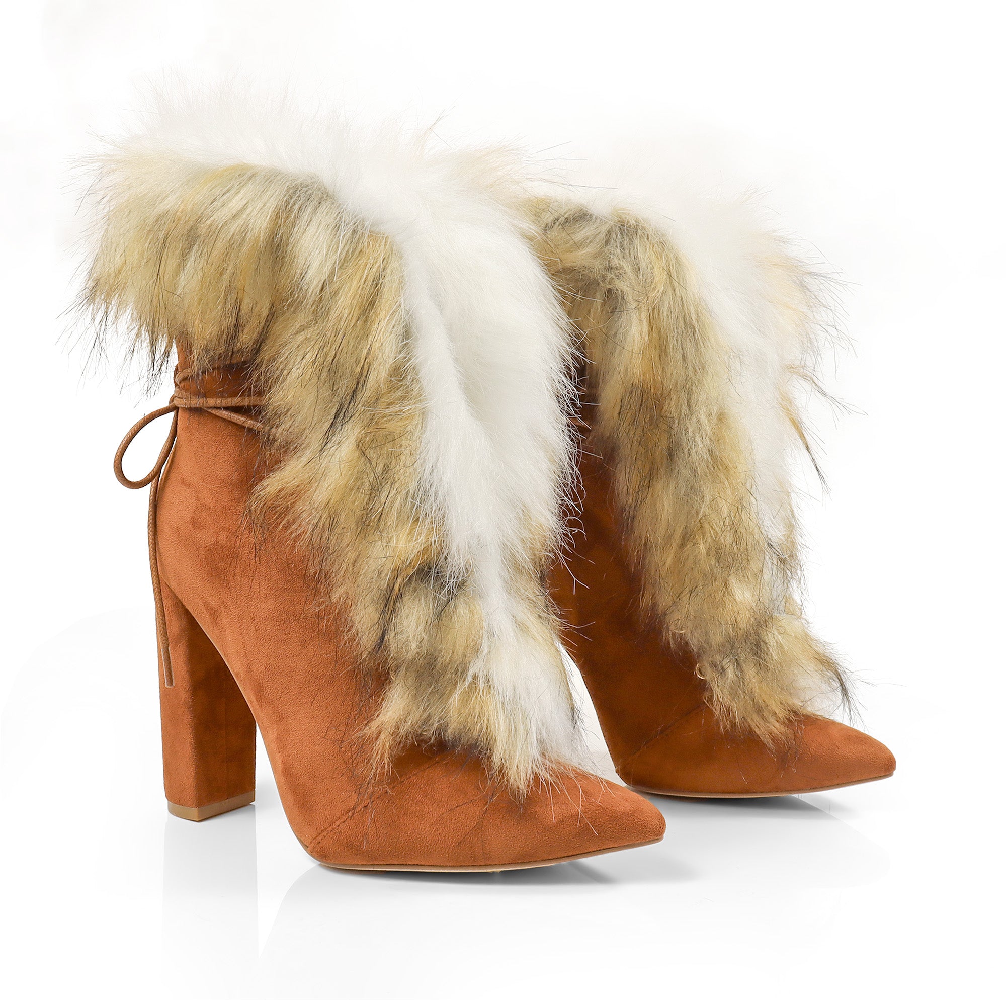 FANCY-2 POINTED TOE FURRY BOOTIE WITH/ CHUNKY HEEL TAN