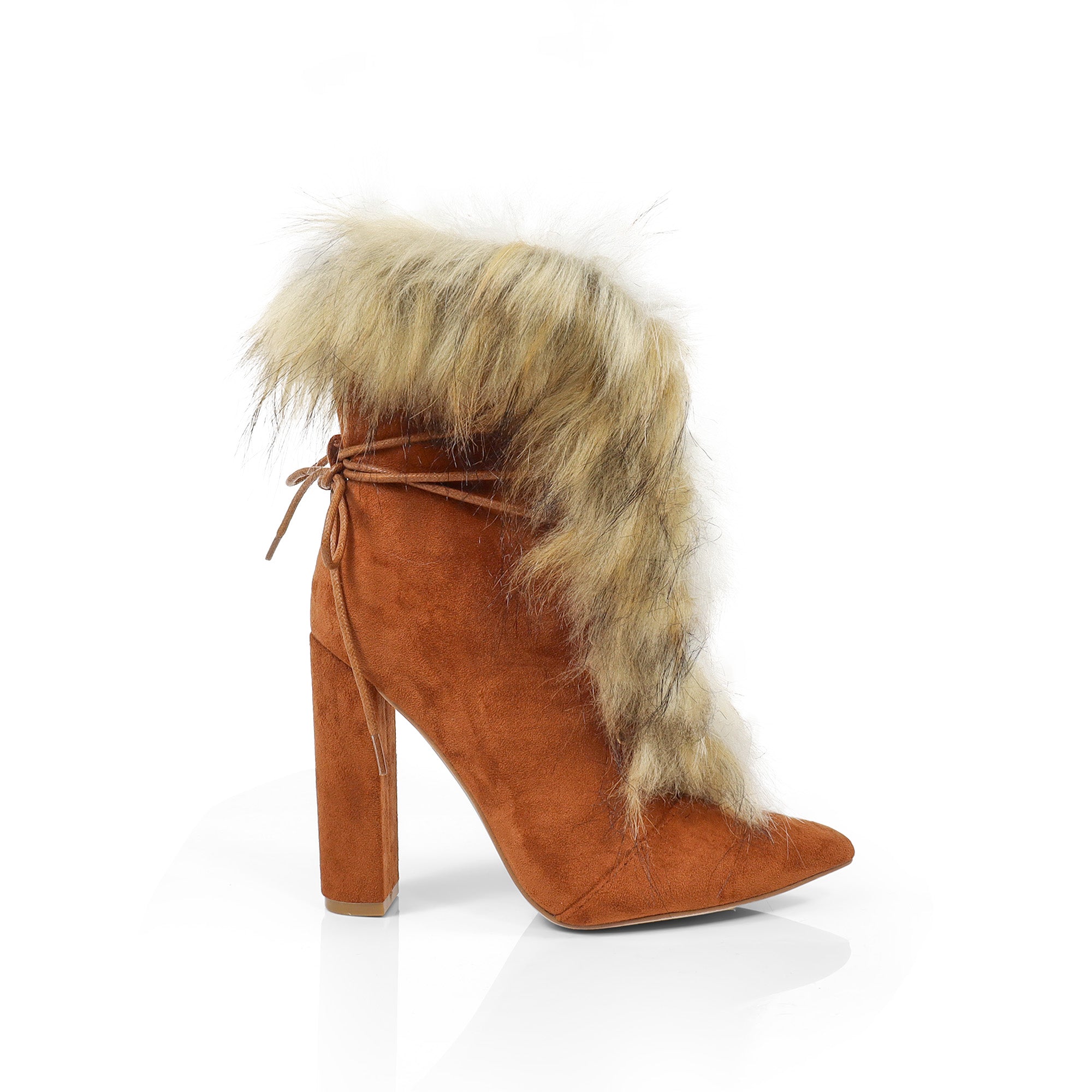 FANCY-2 POINTED TOE FURRY BOOTIE WITH/ CHUNKY HEEL TAN