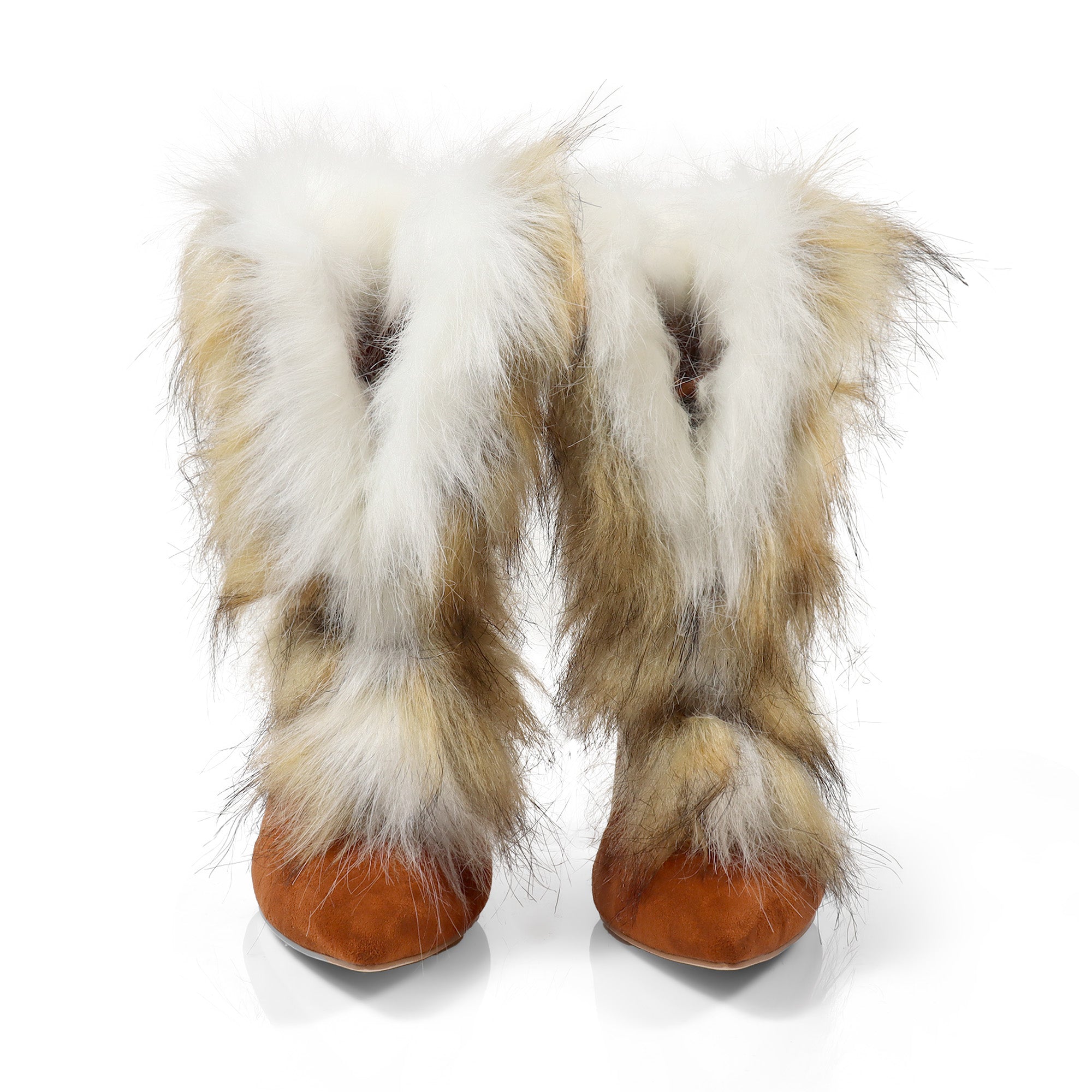 FANCY-2 POINTED TOE FURRY BOOTIE WITH/ CHUNKY HEEL TAN