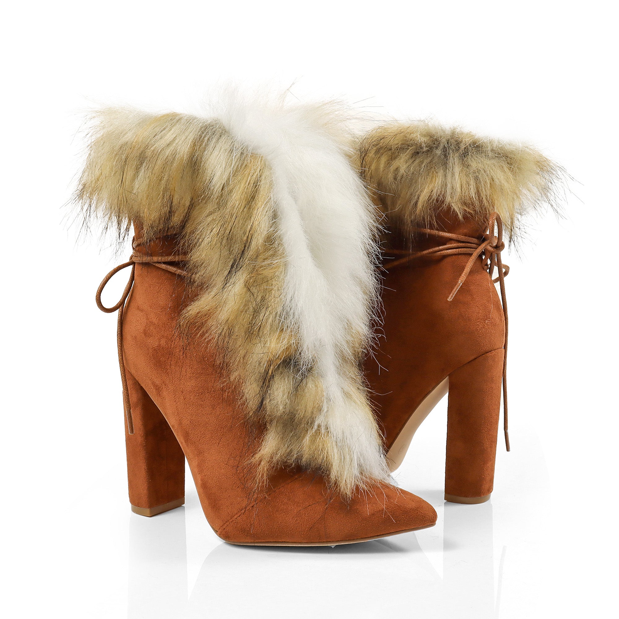 FANCY-2 POINTED TOE FURRY BOOTIE WITH/ CHUNKY HEEL TAN