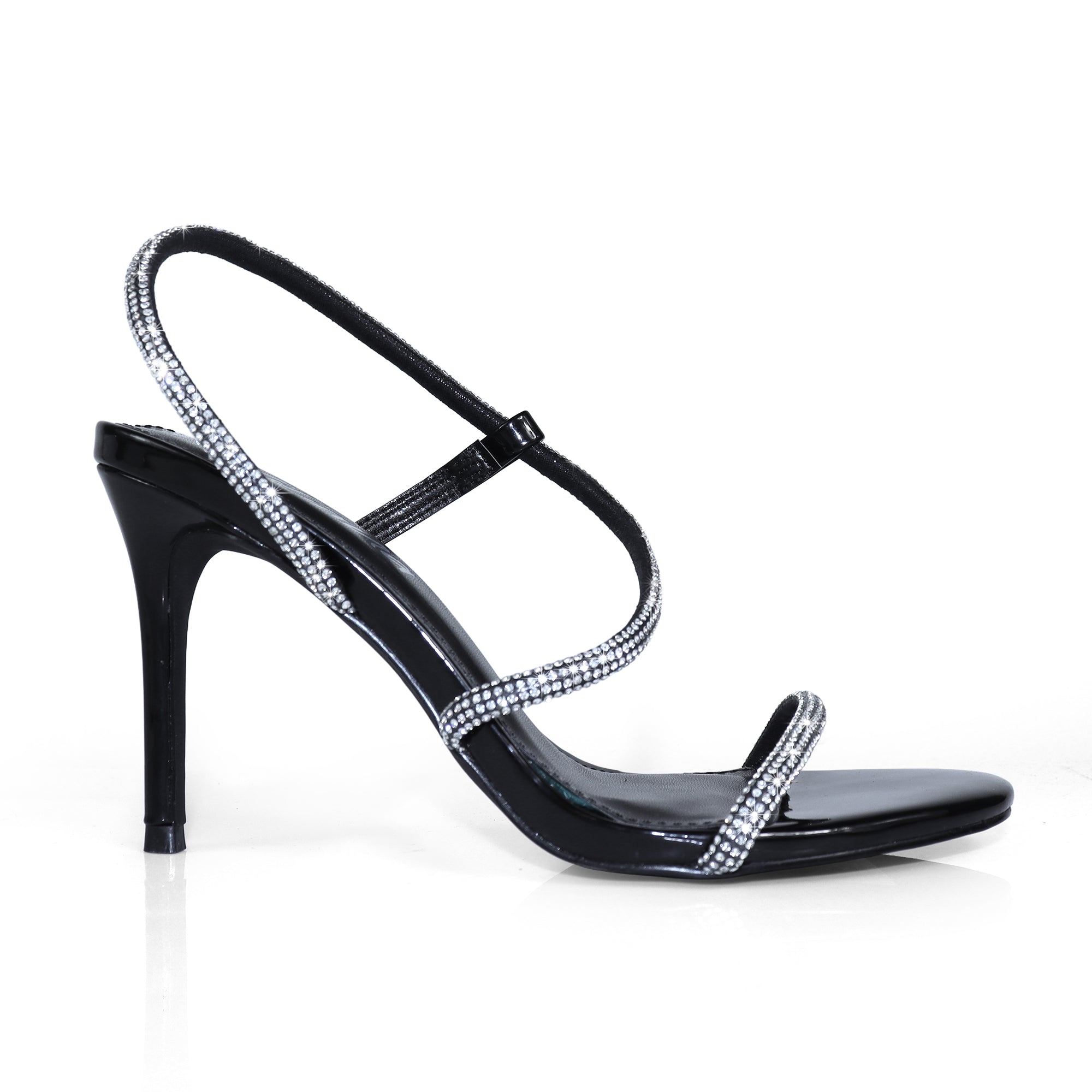 FLETCHER-5 ASYMMETRICAL RHINESTONE STRAP HEEL BLACK