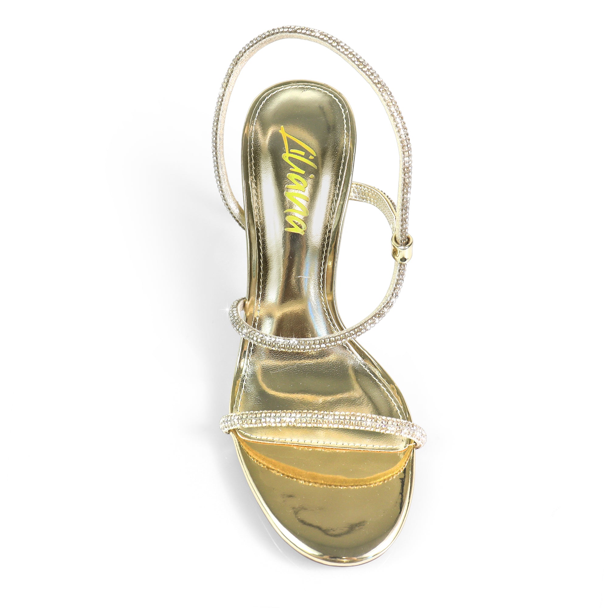 FLETCHER-5 ASYMMETRICAL RHINESTONE STRAP HEEL GOLD