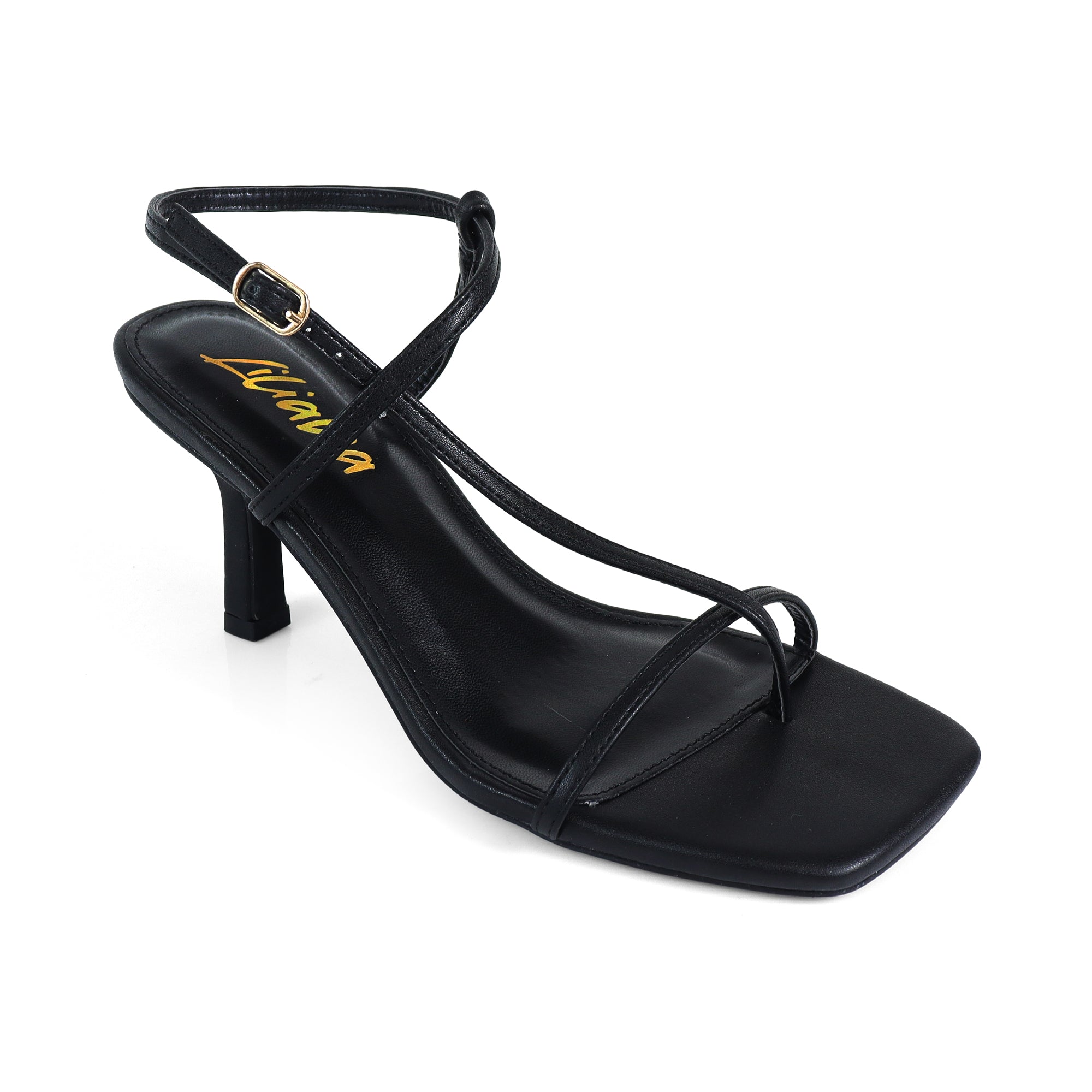 FRANCE-1 OPEN SQUARE TOE STRAP SANDAL W KITTEN HEEL BLACK