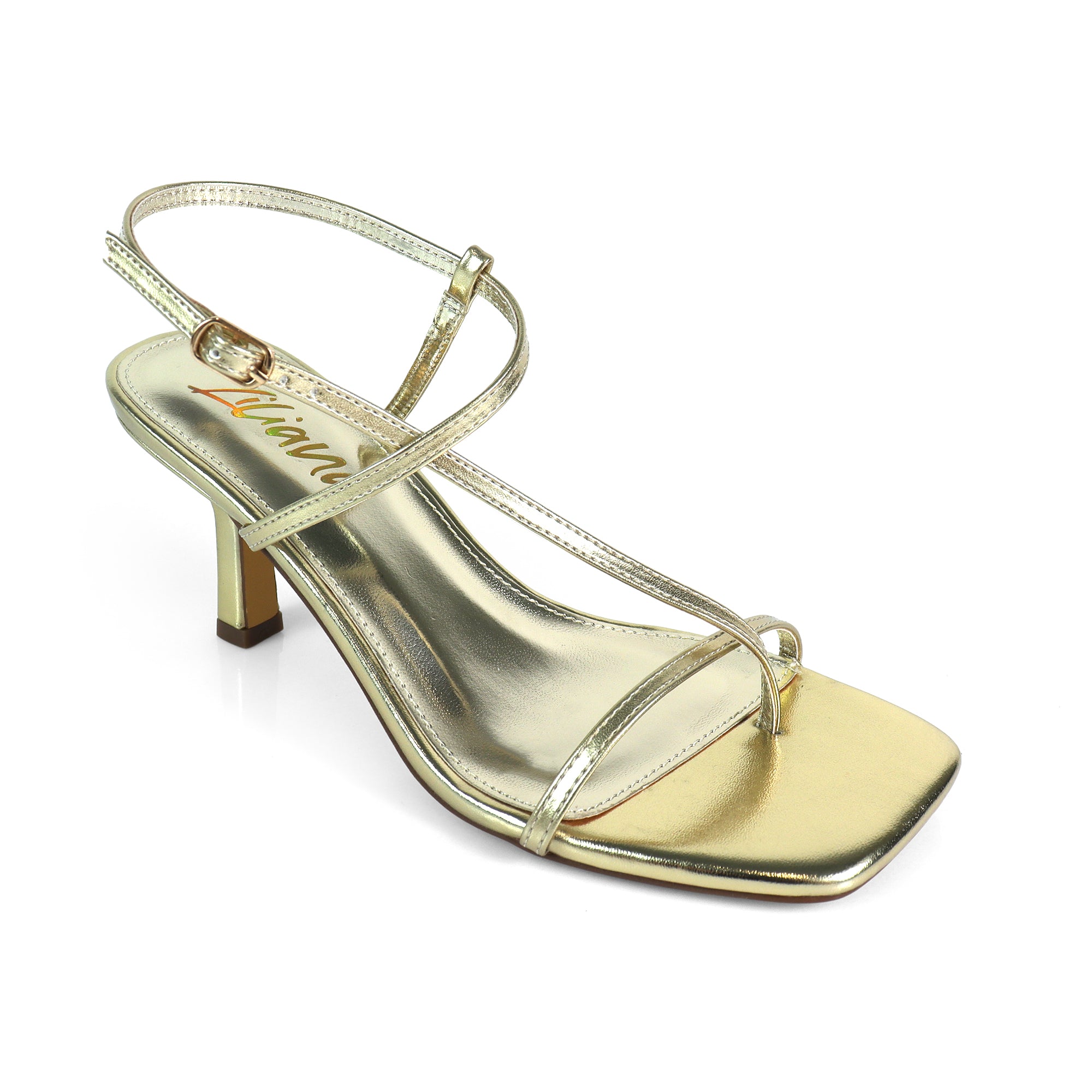 FRANCE-1 OPEN SQUARE TOE STRAP SANDAL W KITTEN HEEL GOLD