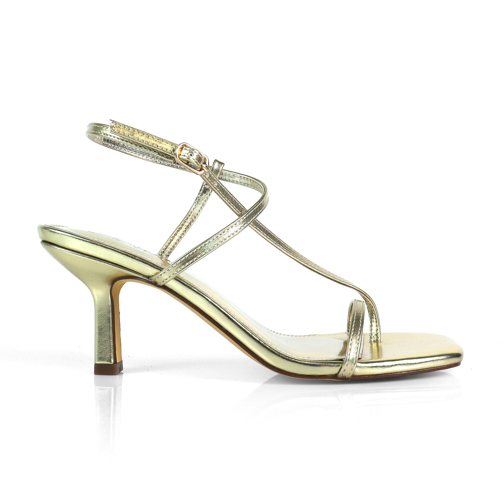 FRANCE-1 OPEN SQUARE TOE STRAP SANDAL W KITTEN HEEL GOLD