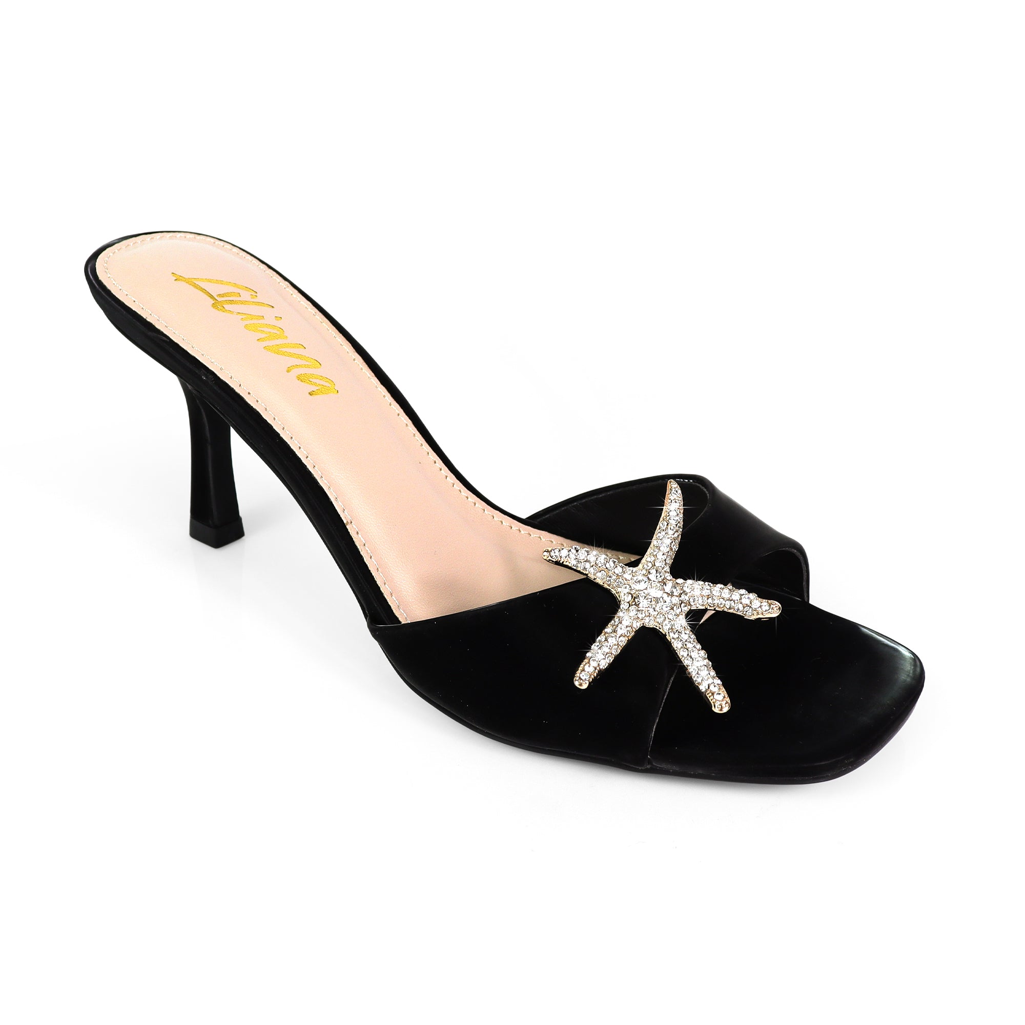 FRANKIA-1 OPEN SQUARE TOESEA SHELL MULE W/KITTEN HEEL BLACK