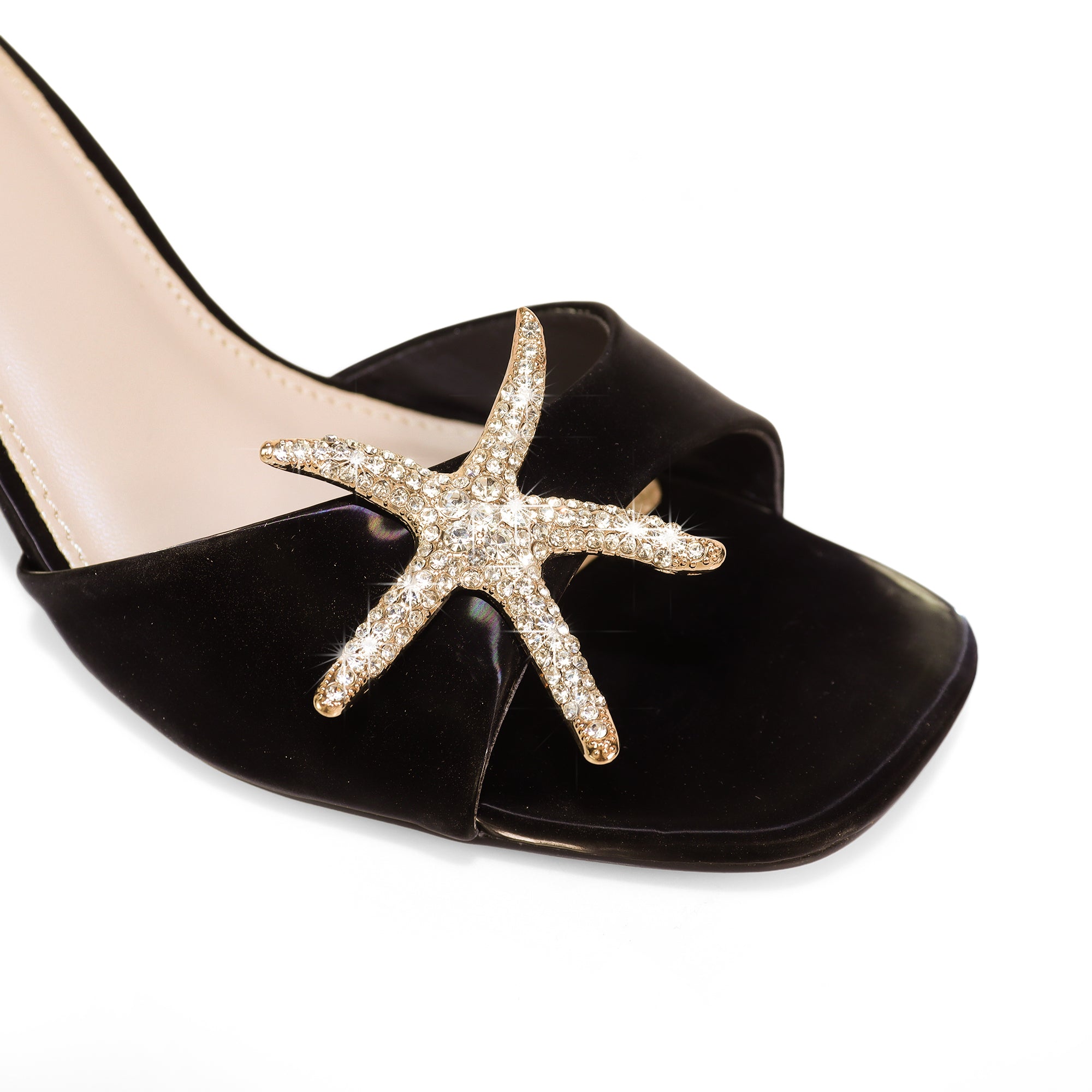 FRANKIA-1 OPEN SQUARE TOESEA SHELL MULE W/KITTEN HEEL BLACK