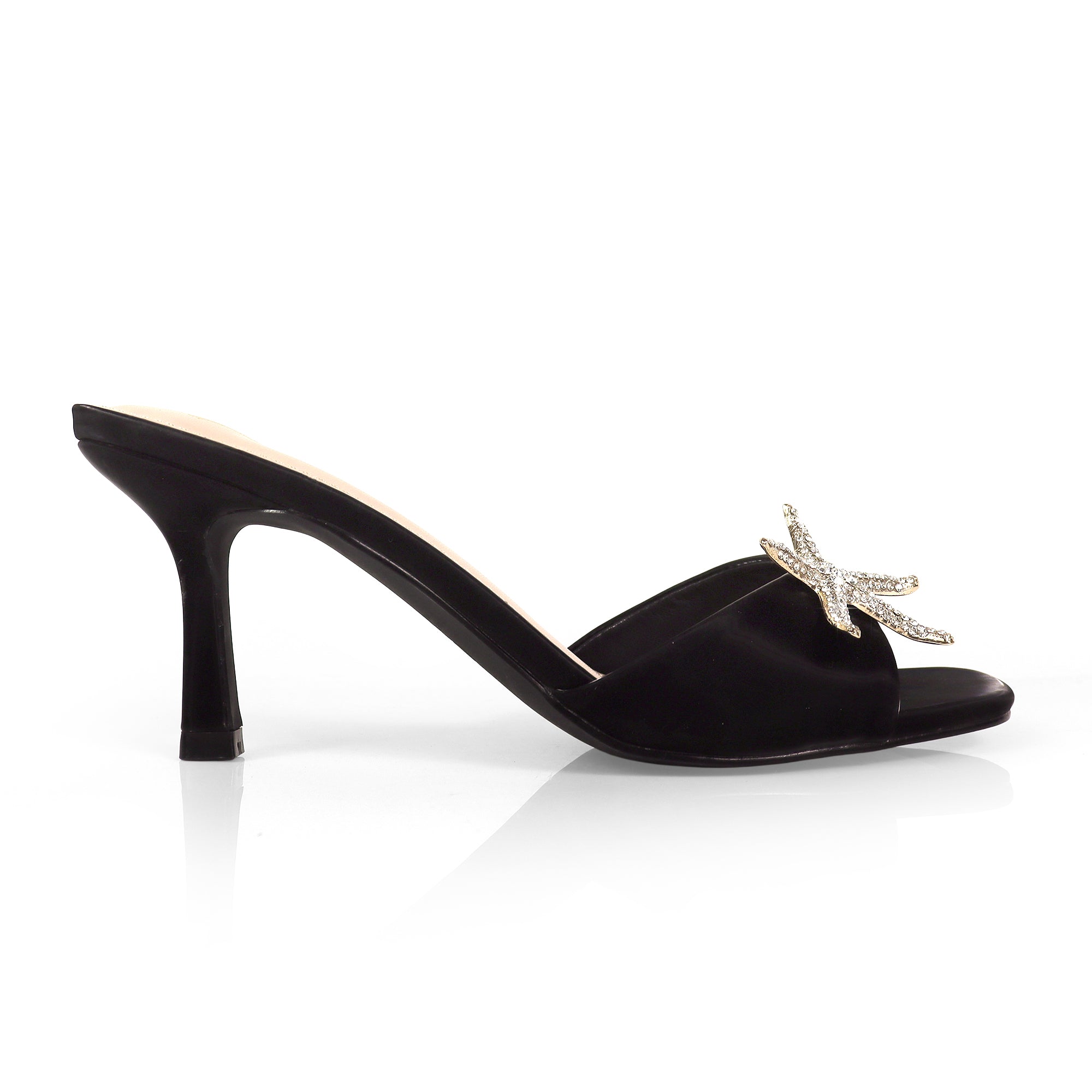 FRANKIA-1 OPEN SQUARE TOESEA SHELL MULE W/KITTEN HEEL BLACK