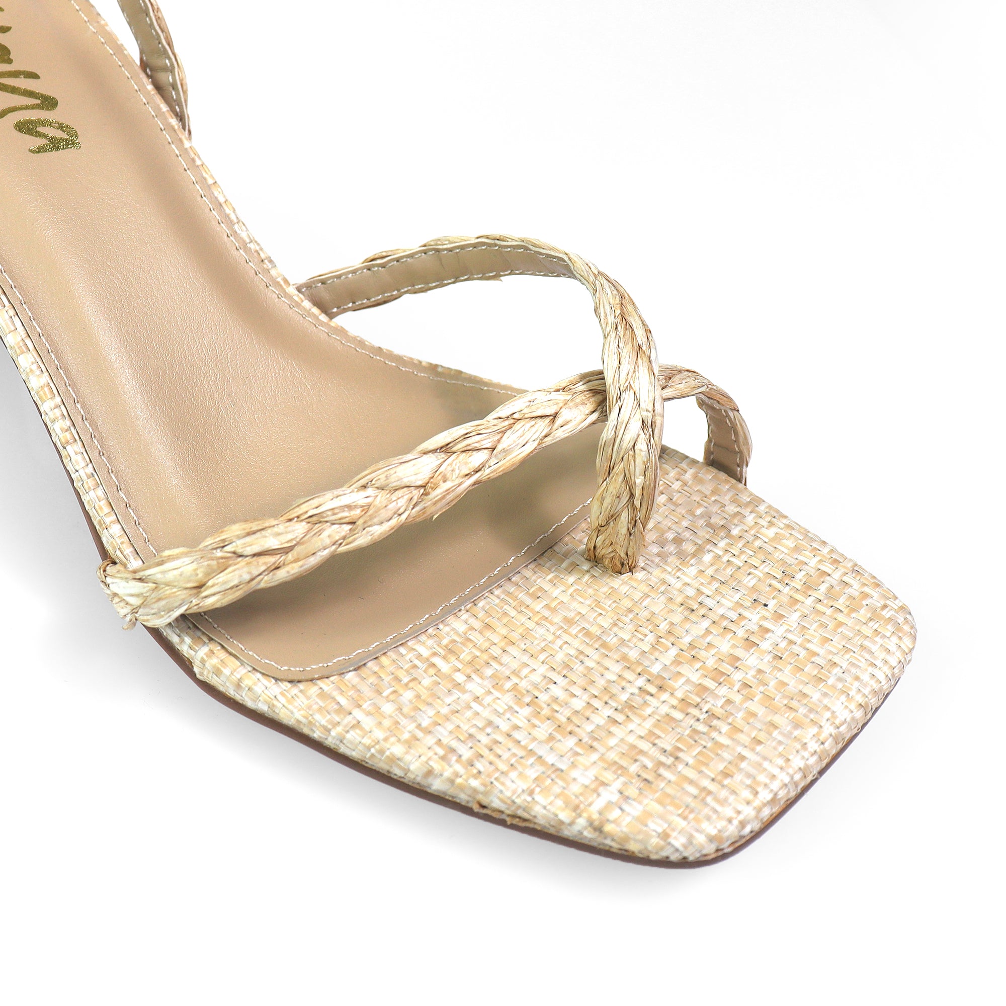 FRANKIE-3 OPEN SQUARE TOE CROSS ANCKLE STRAP SANDAL W/KITTEN HEEL RAFFIA
