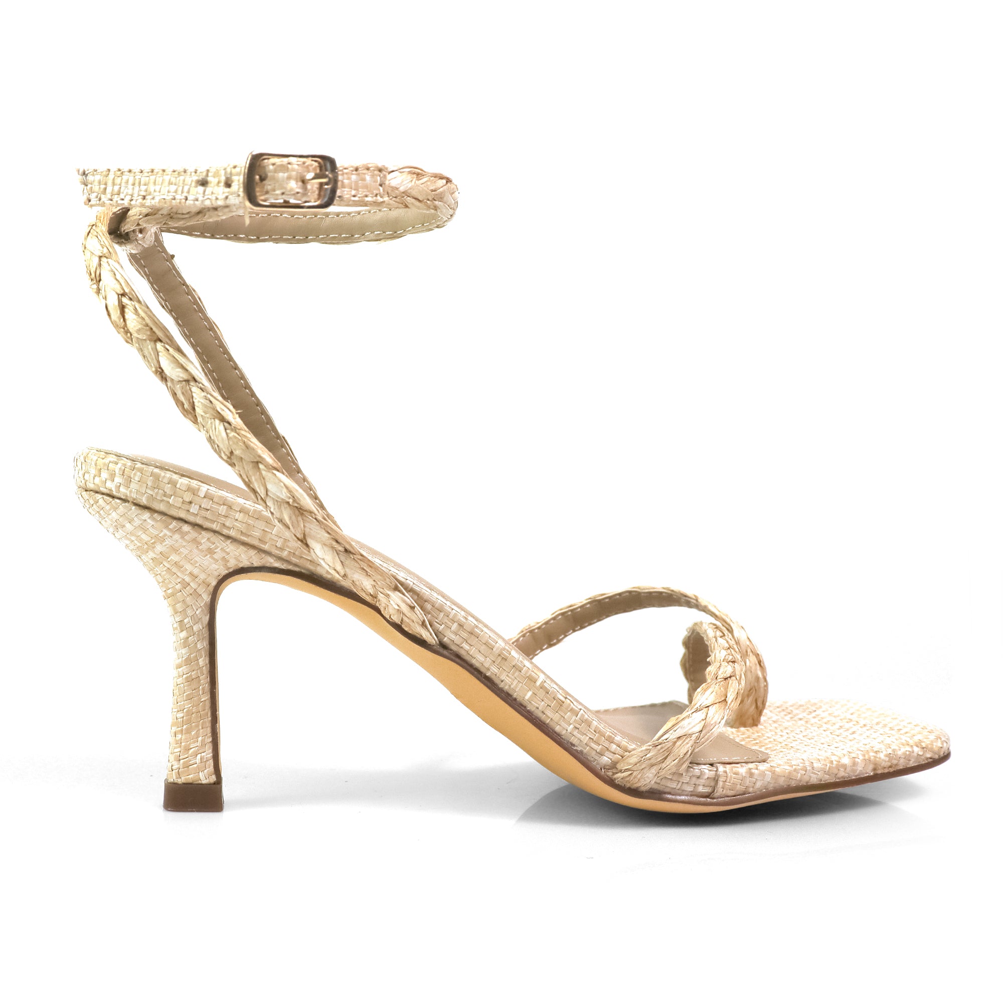 FRANKIE-3 OPEN SQUARE TOE CROSS ANCKLE STRAP SANDAL W/KITTEN HEEL RAFFIA