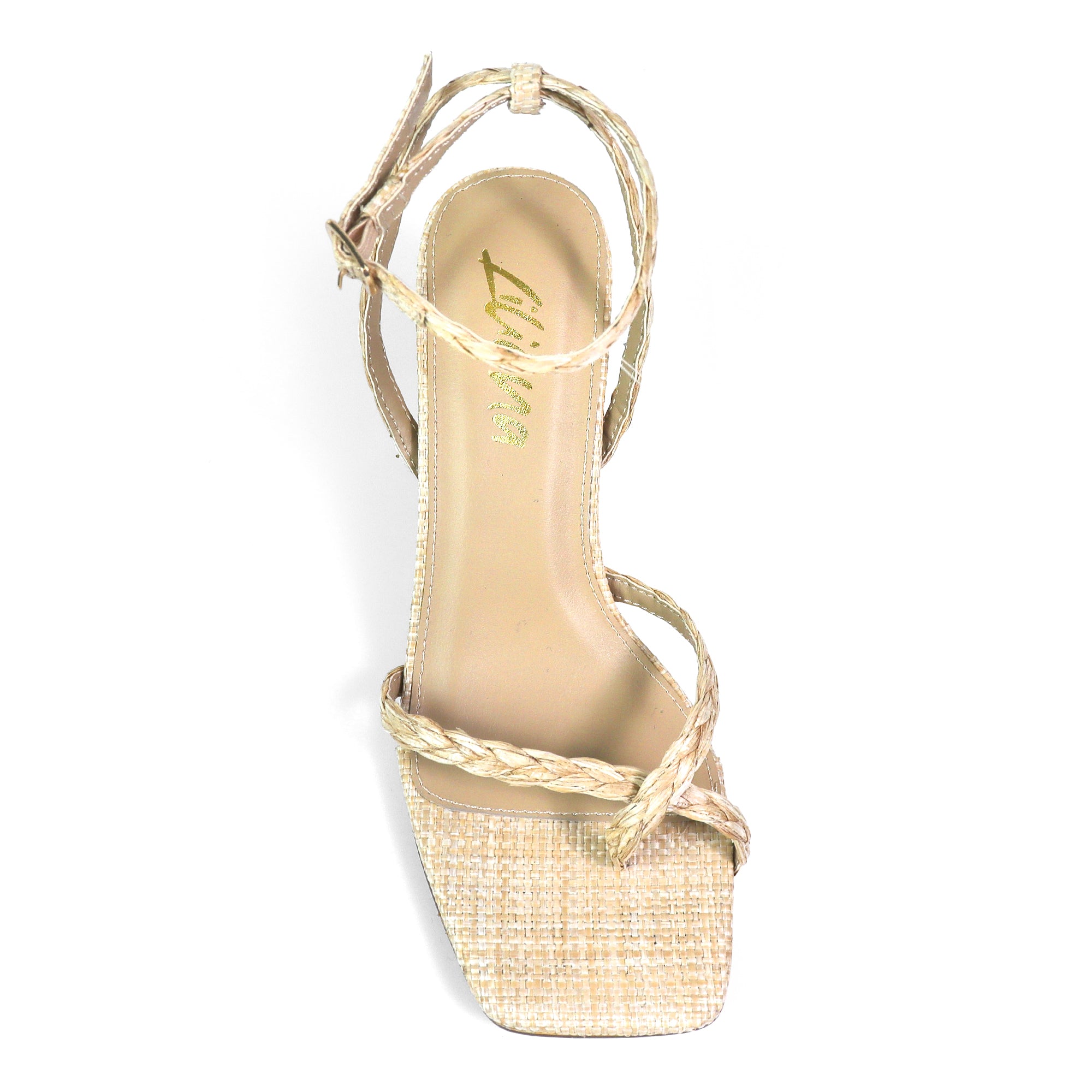 FRANKIE-3 OPEN SQUARE TOE CROSS ANCKLE STRAP SANDAL W/KITTEN HEEL RAFFIA