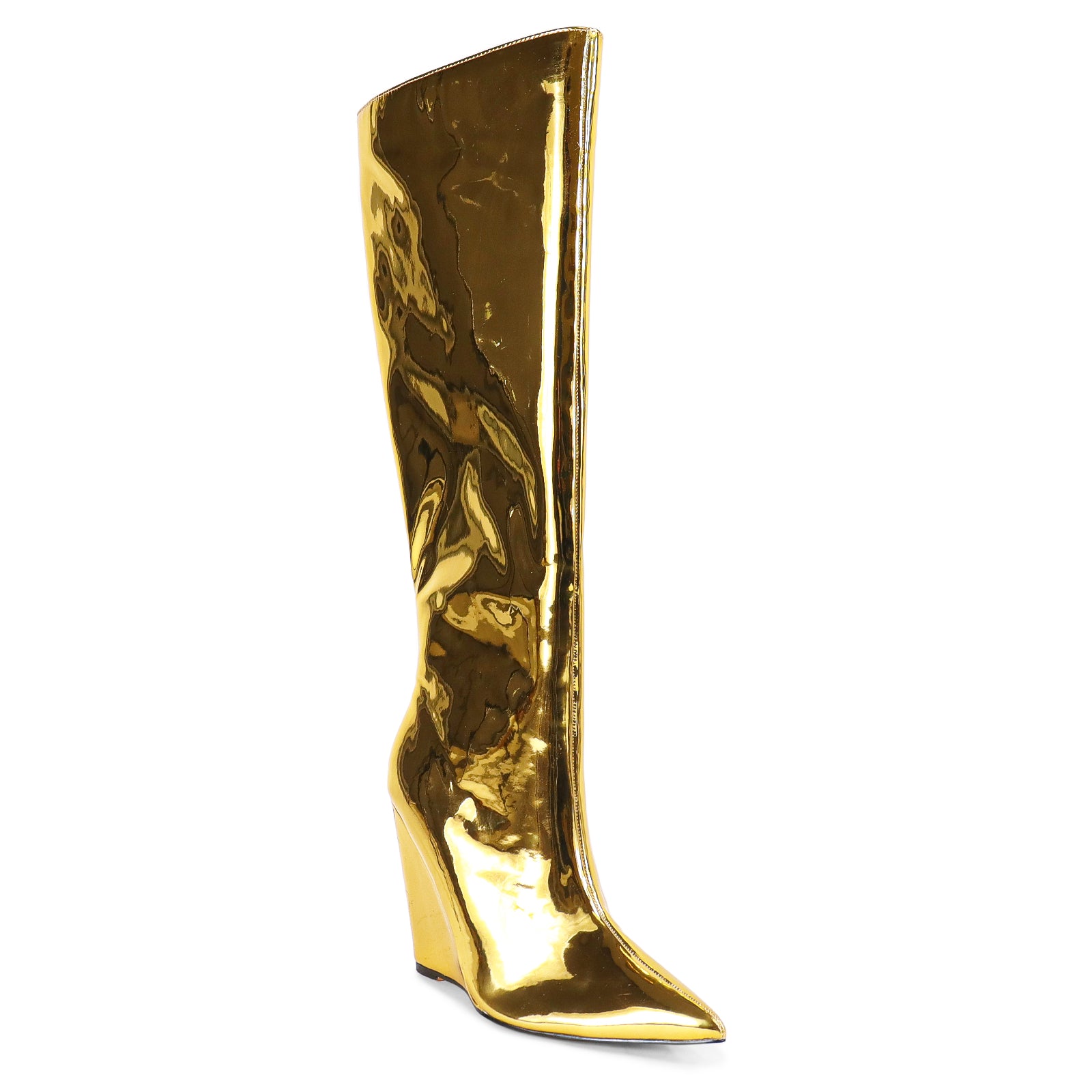 FRENZA-1 POINTED TOE KNEE HIGH PENTENT WEDGE BOOTS-GOLD