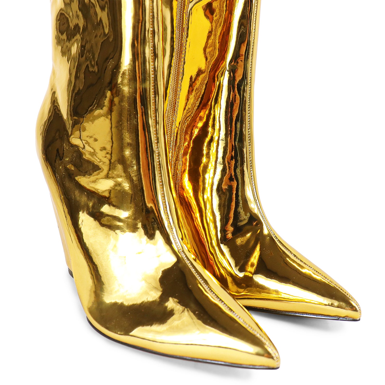 FRENZA-1 POINTED TOE KNEE HIGH PENTENT WEDGE BOOTS-GOLD