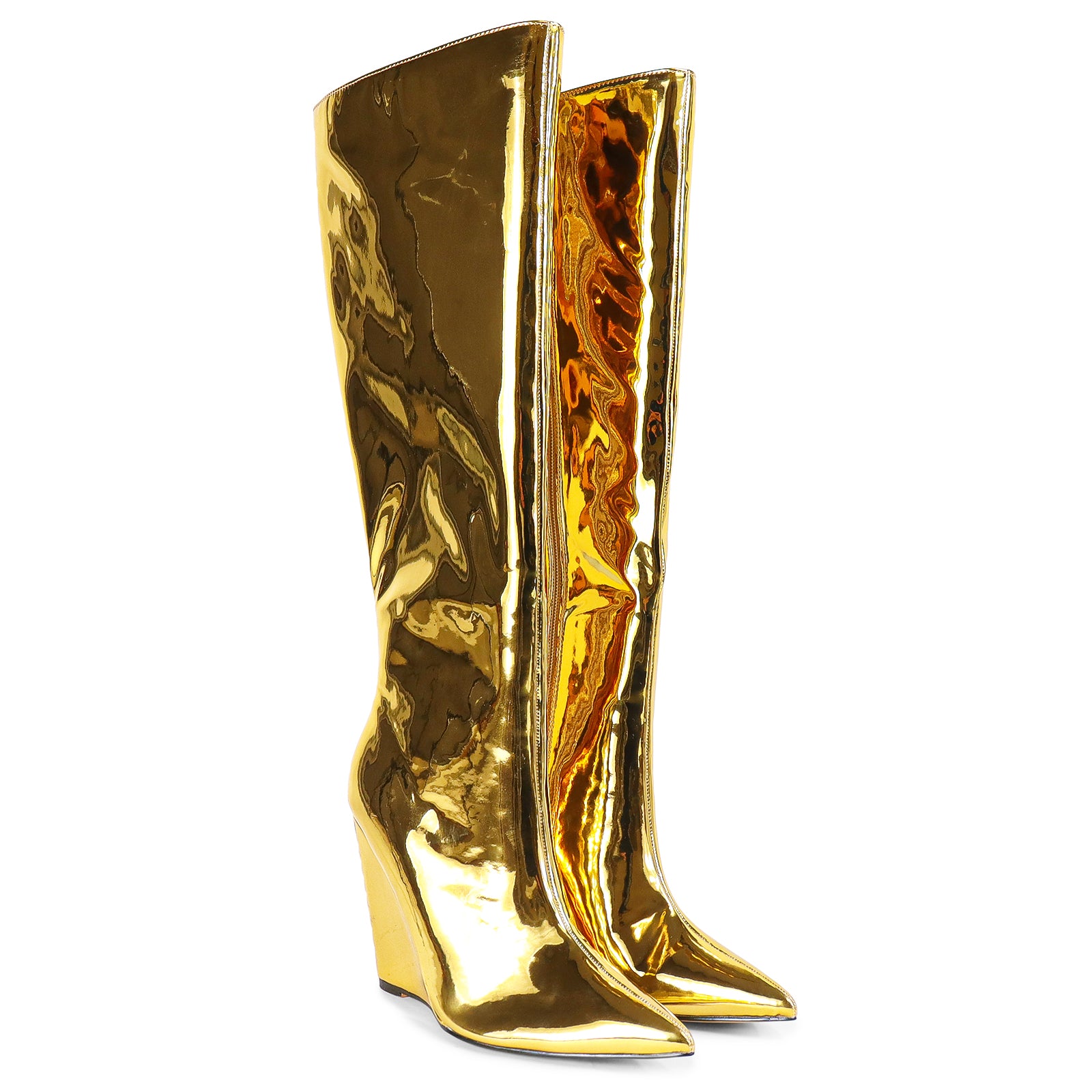FRENZA-1 POINTED TOE KNEE HIGH PENTENT WEDGE BOOTS-GOLD