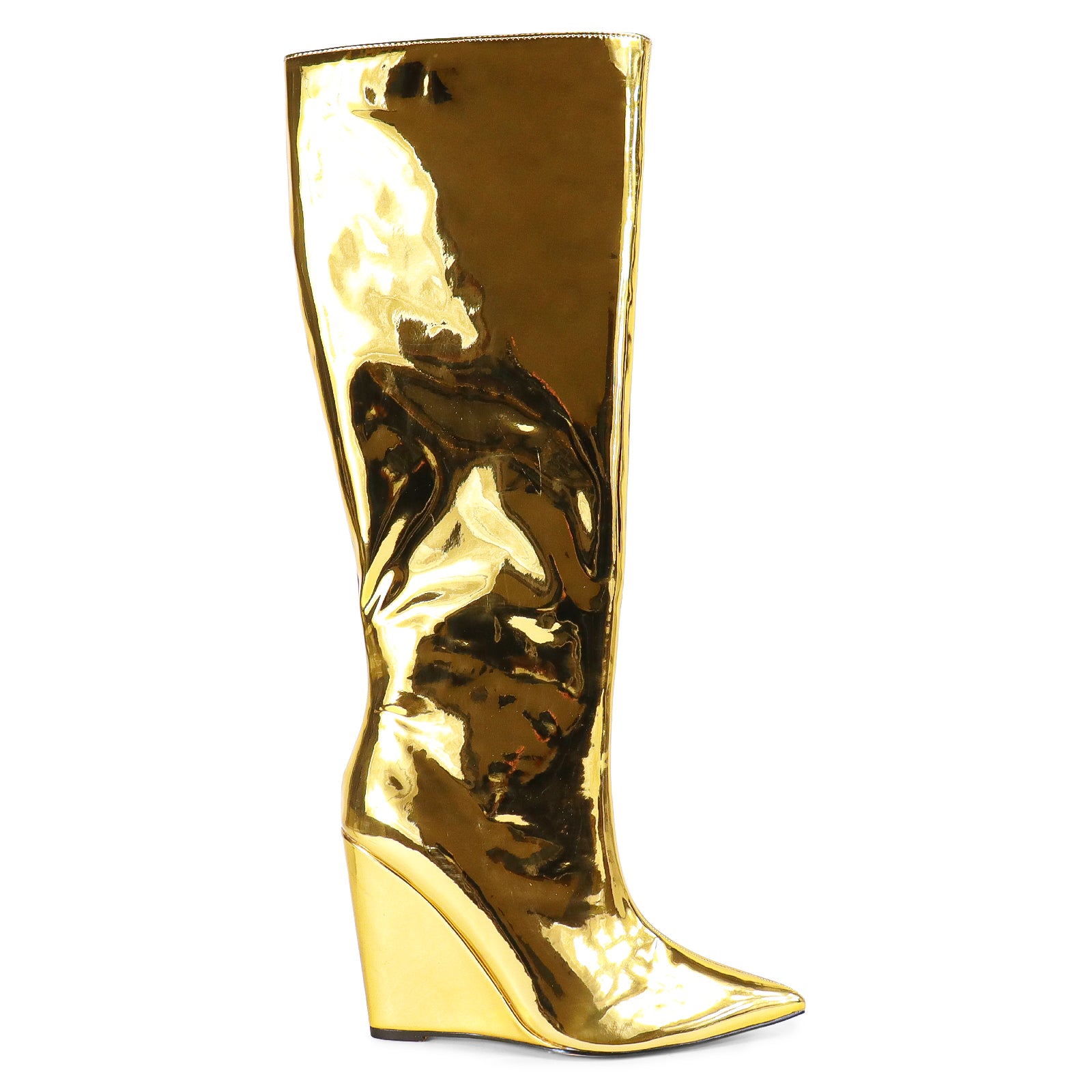 FRENZA-1 POINTED TOE KNEE HIGH PENTENT WEDGE BOOTS-GOLD