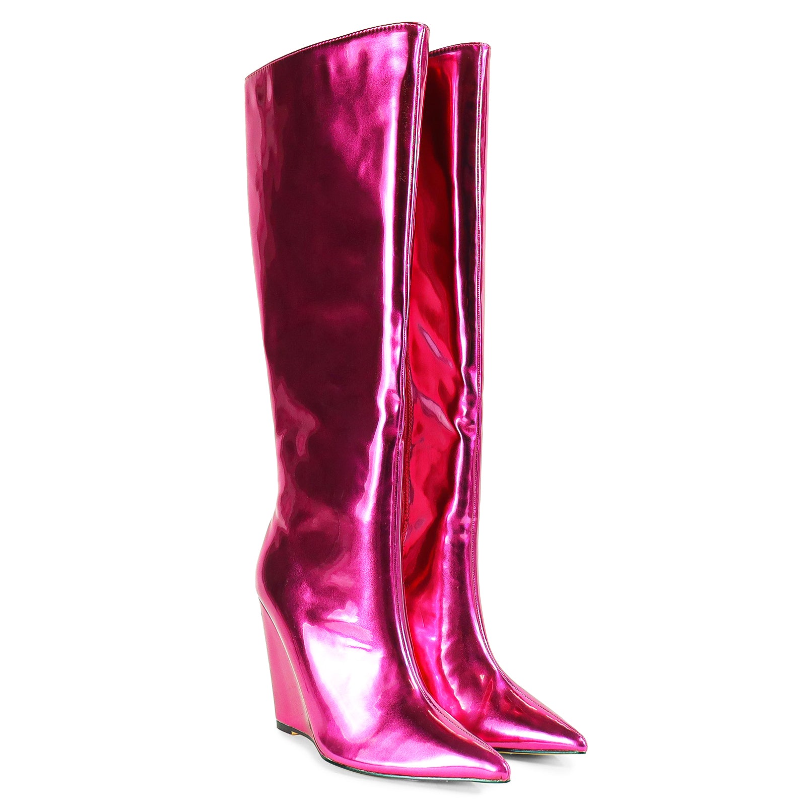 FRENZA-1 POINTED TOE KNEE HIGH PENTENT WEDGE BOOTS-PINK