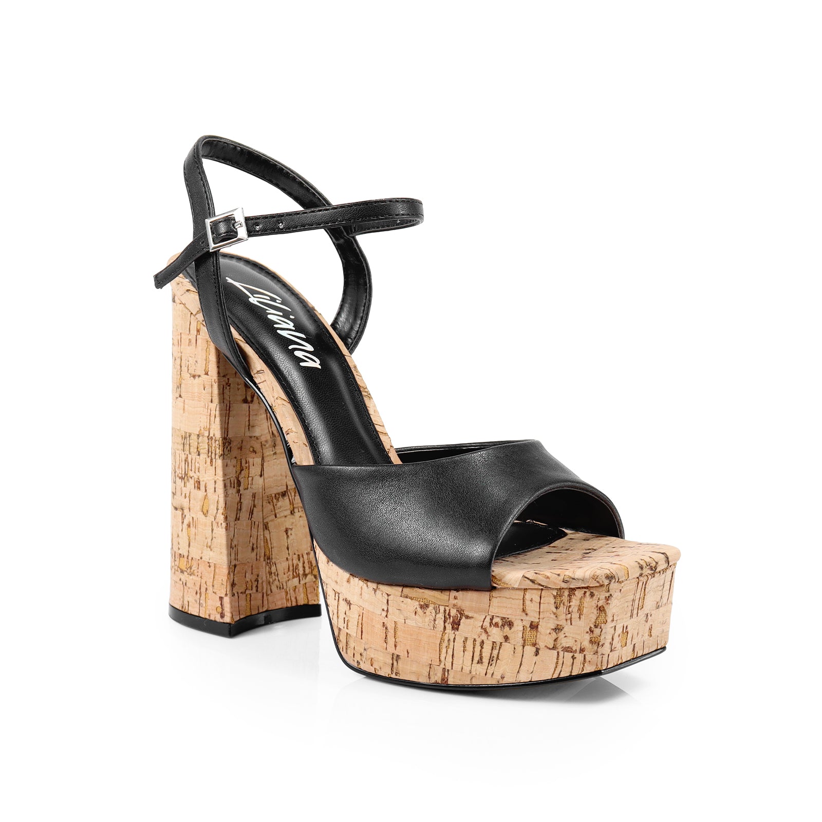 GIA-12 PEEP TOE ANKLE W/ CORK PLATFORM SANDAL BLACK