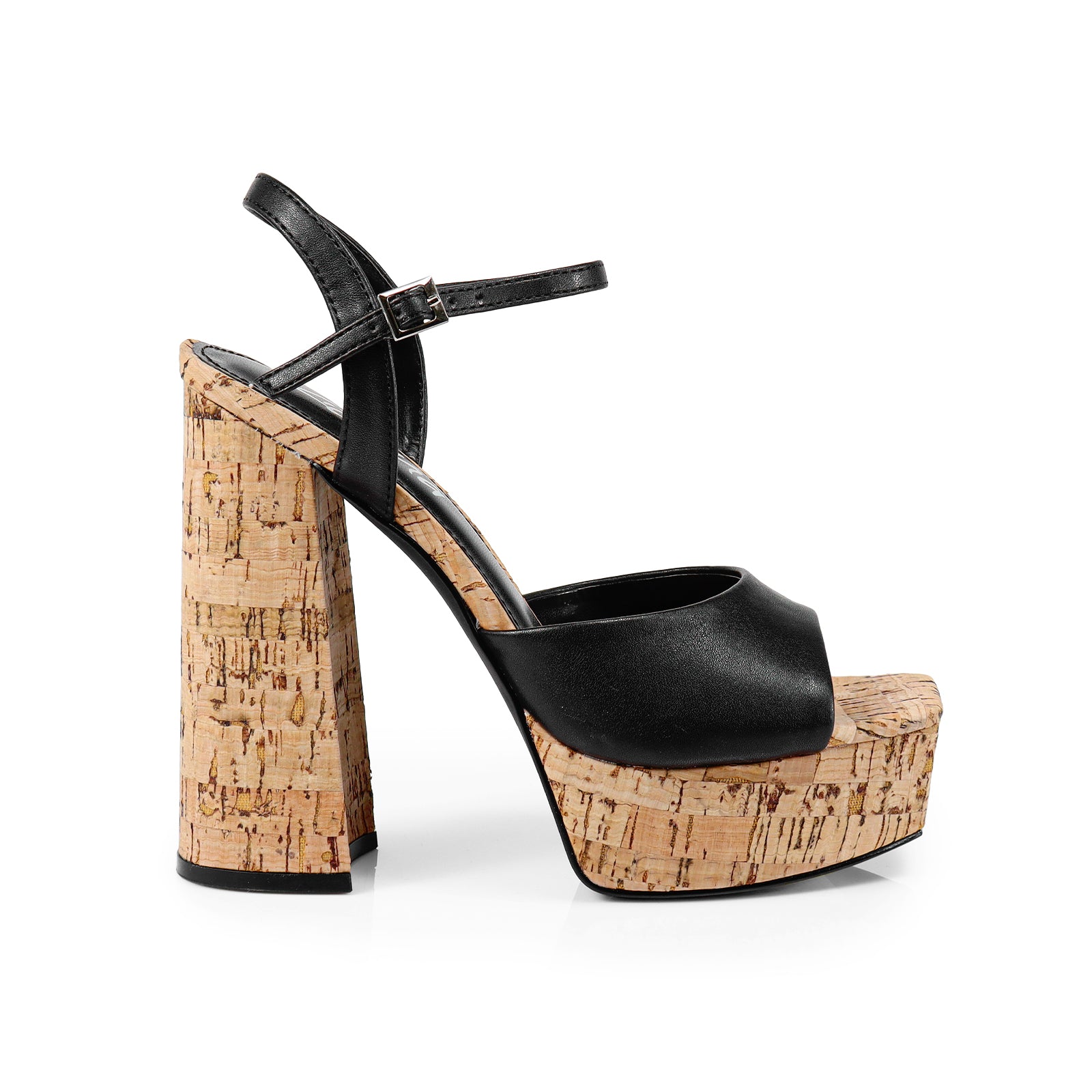 GIA-12 PEEP TOE ANKLE W/ CORK PLATFORM SANDAL BLACK