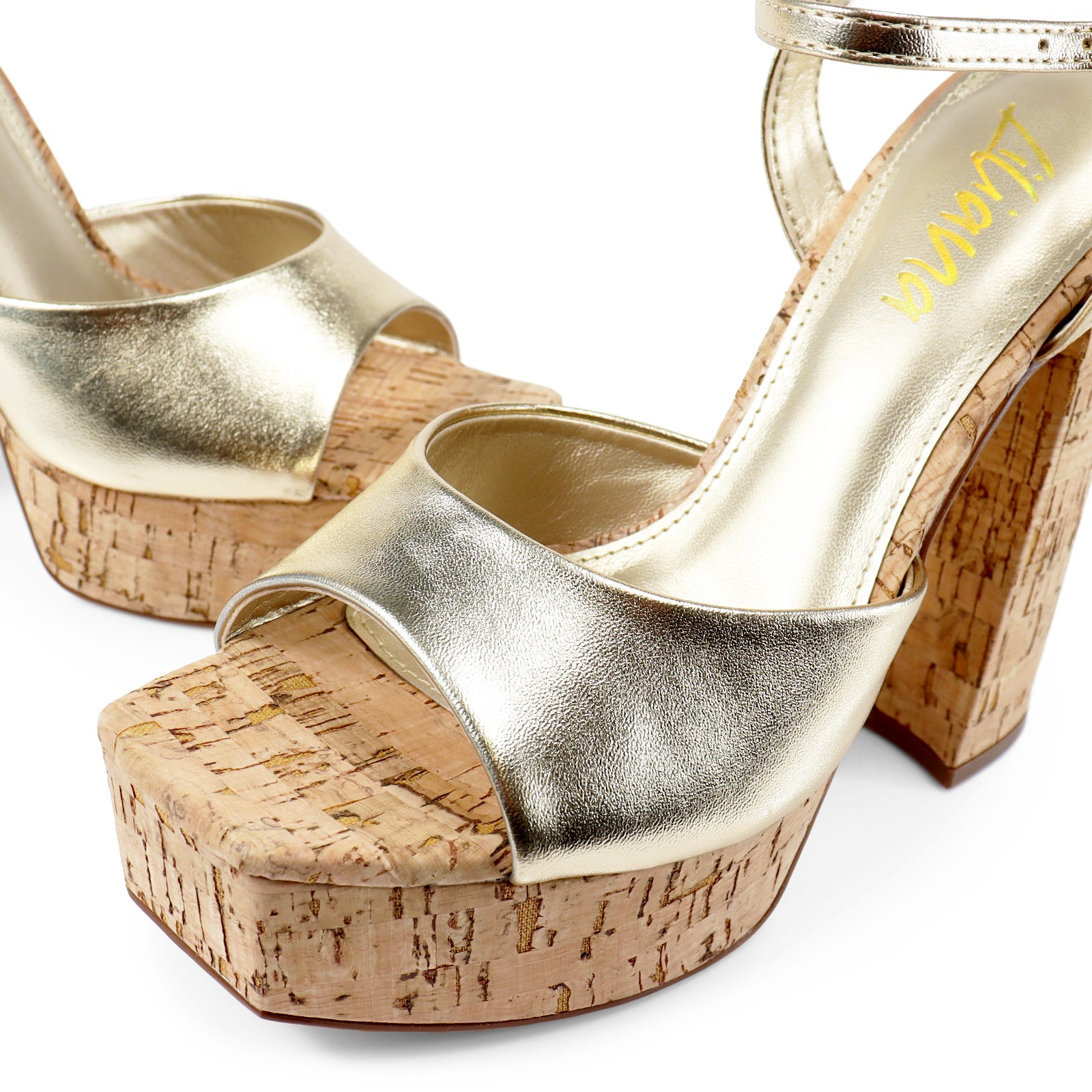 GIA-12 PEEP TOE ANKLE W/ CORK PLATFORM SANDAL GOLD