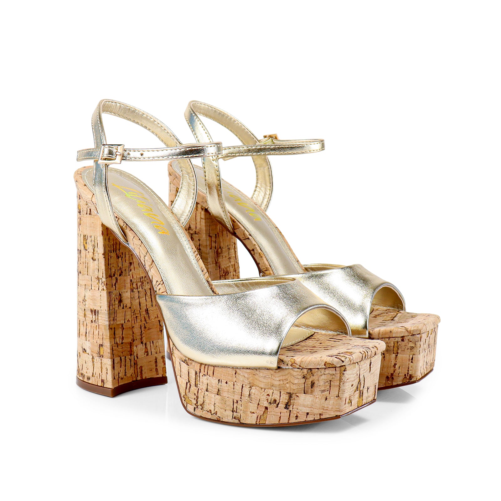 GIA-12 PEEP TOE ANKLE W/ CORK PLATFORM SANDAL GOLD