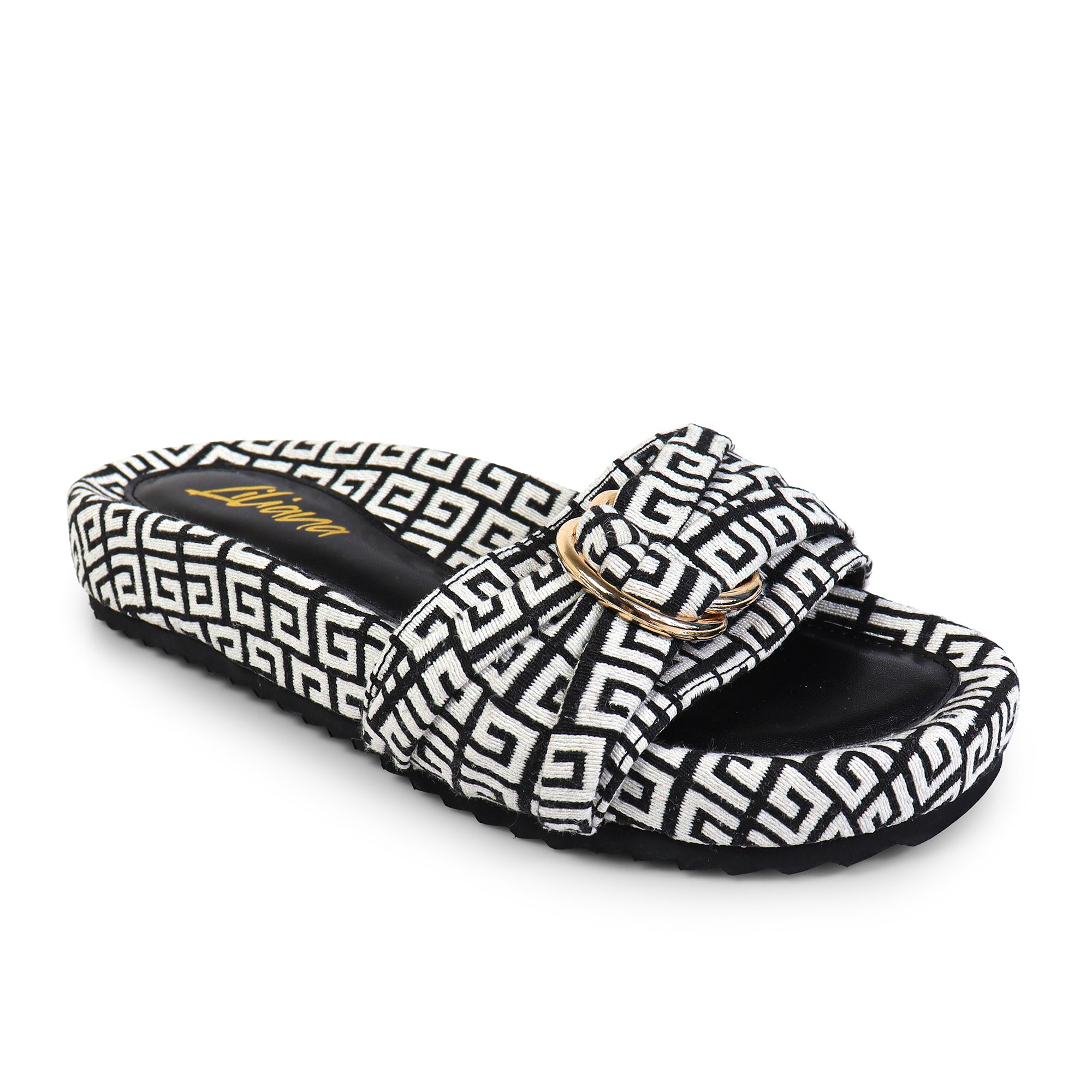 GIGI-2 DOUBLE HOOP TIE JACQUARD PLATFORM SLIDE SANDAL BLACK/WHITE