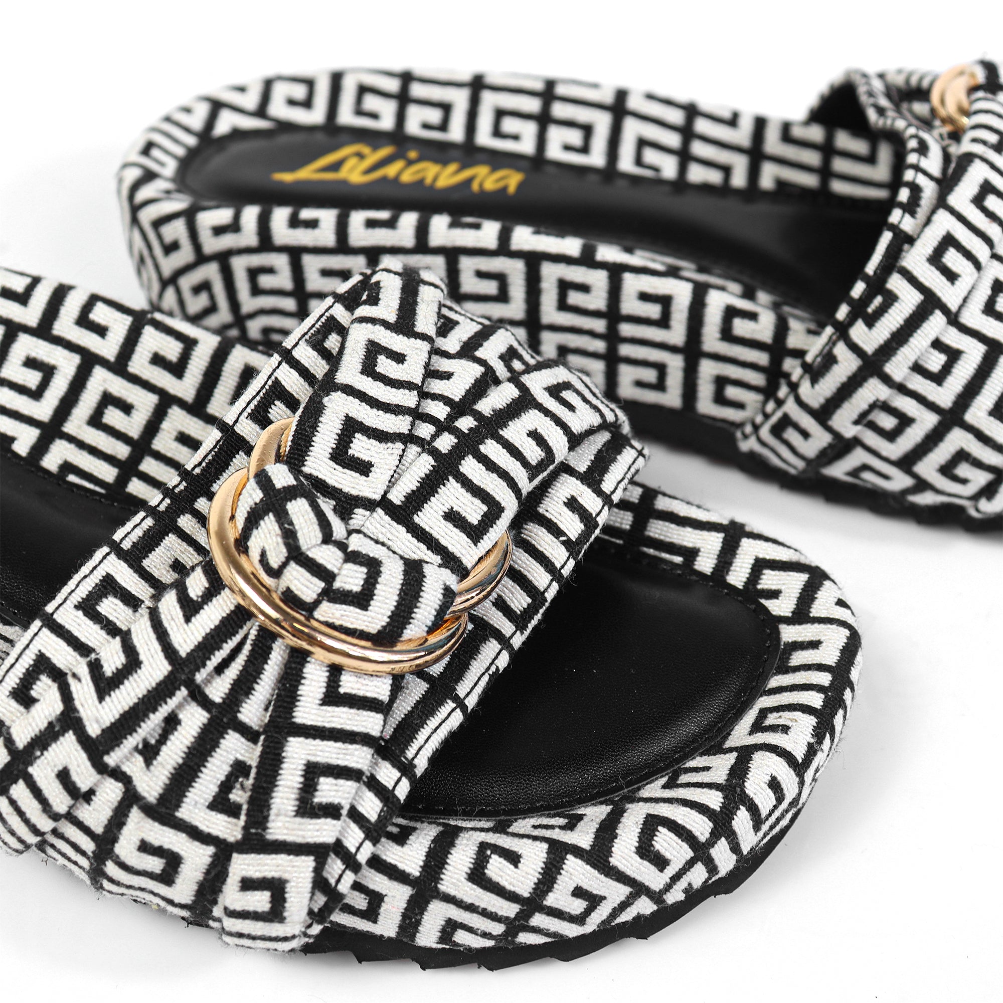 GIGI-2 DOUBLE HOOP TIE JACQUARD PLATFORM SLIDE SANDAL BLACK/WHITE