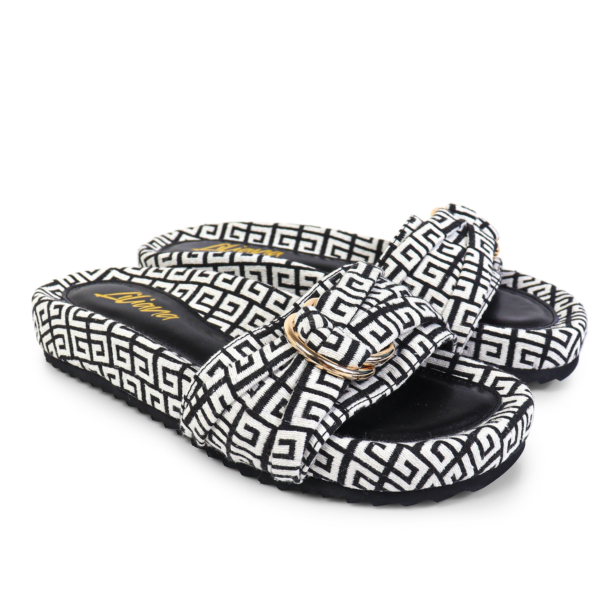 GIGI-2 DOUBLE HOOP TIE JACQUARD PLATFORM SLIDE SANDAL BLACK/WHITE