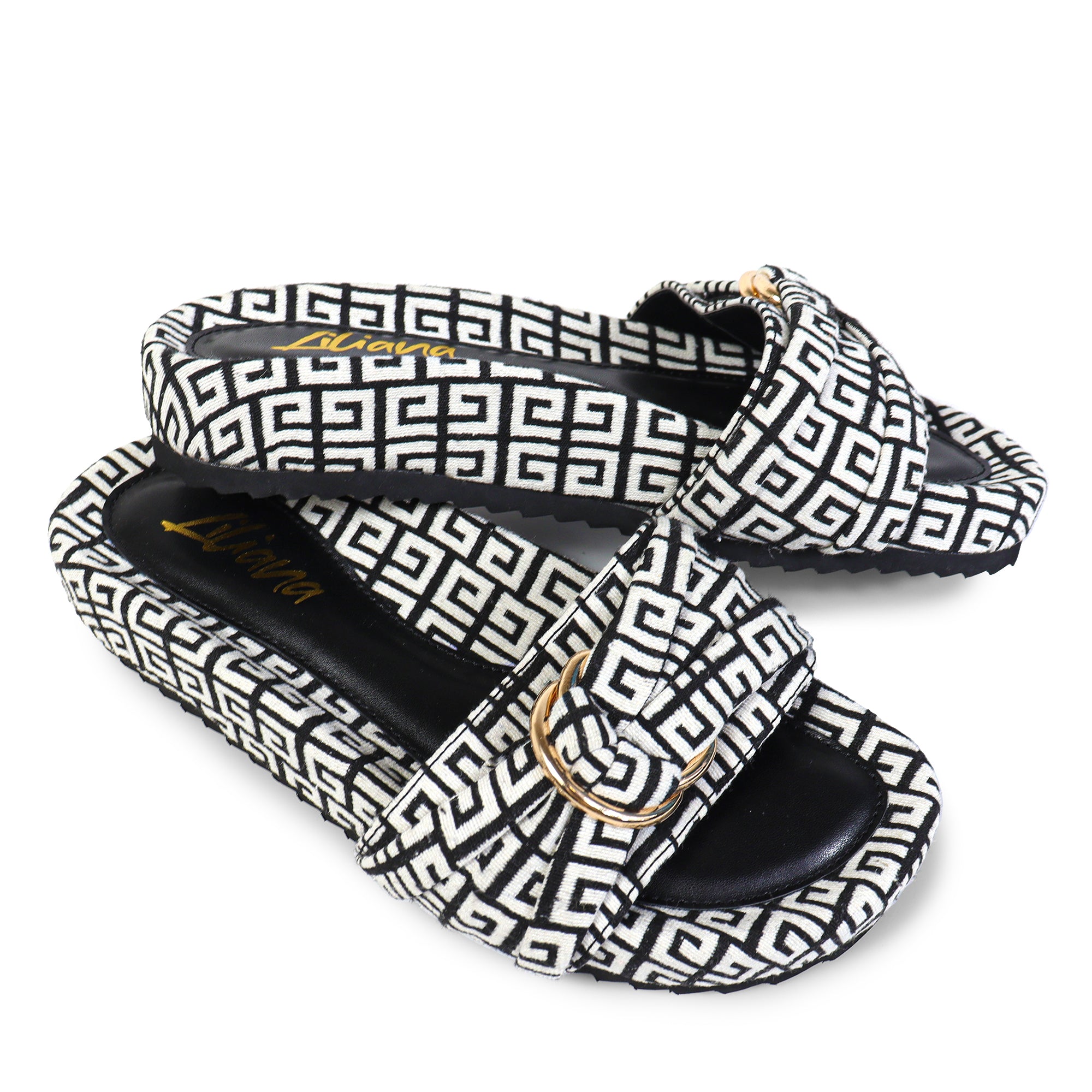 GIGI-2 DOUBLE HOOP TIE JACQUARD PLATFORM SLIDE SANDAL BLACK/WHITE