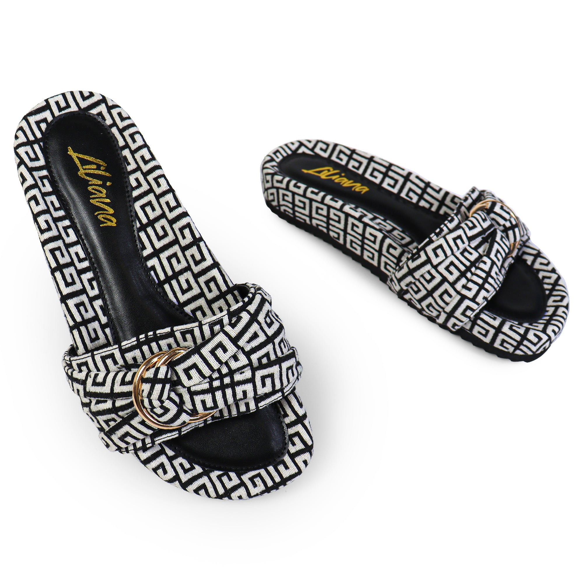 GIGI-2 DOUBLE HOOP TIE JACQUARD PLATFORM SLIDE SANDAL BLACK/WHITE