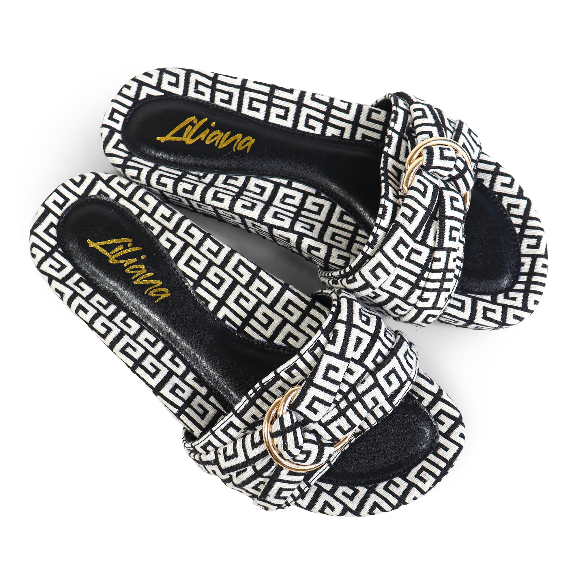 GIGI-2 DOUBLE HOOP TIE JACQUARD PLATFORM SLIDE SANDAL BLACK/WHITE