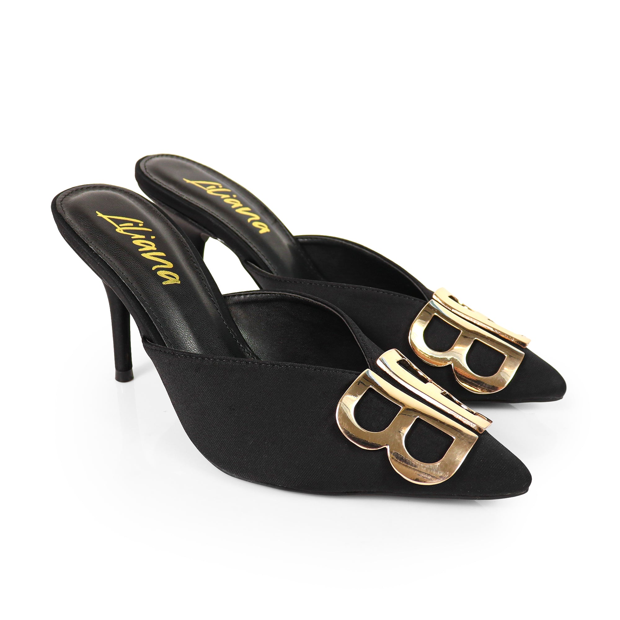 GWEN-1 POINTED TOE STAIN MULES W/ HIGH HEELS BLACK